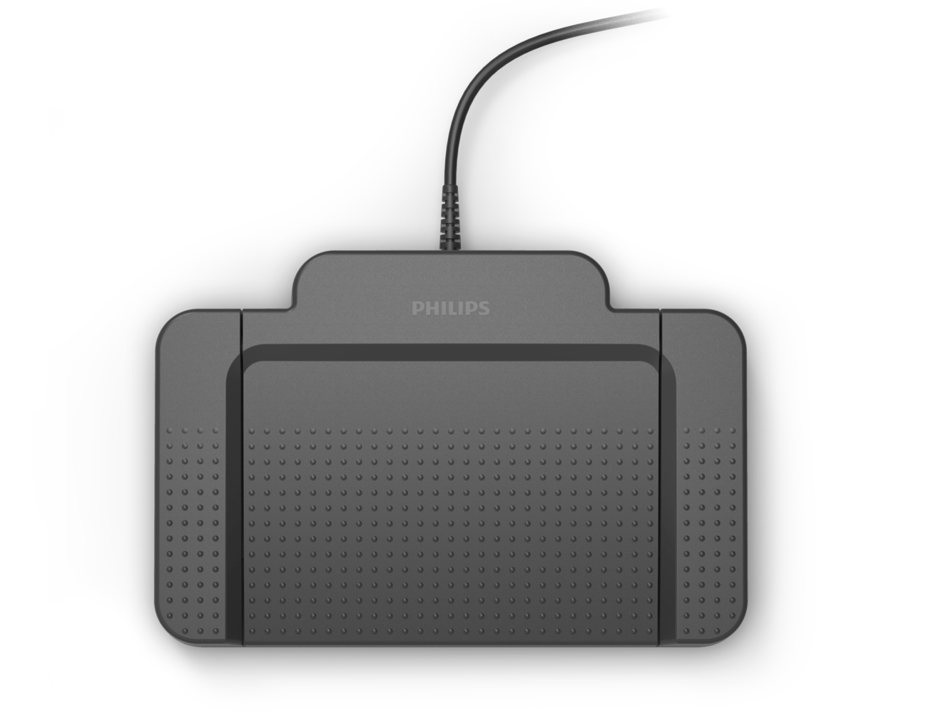 Ein graues Philips-Fußpedal mit strukturierter Oberfläche und schwarzem Kabel. Das Pedal ist rechteckig mit abgerundeten Ecken.