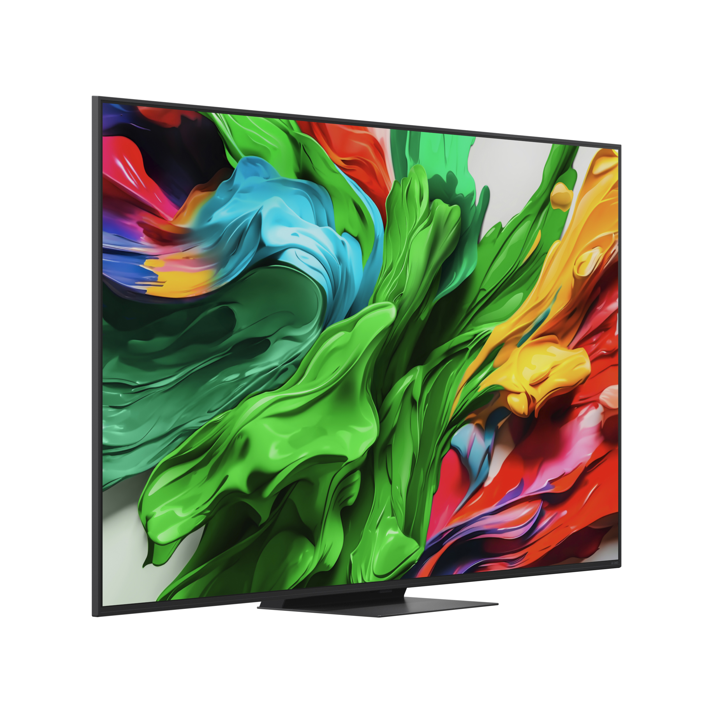 Nowoczesny telewizor wyświetla kolorową sztukę abstrakcyjną. Jest na stojaku na białym tle.