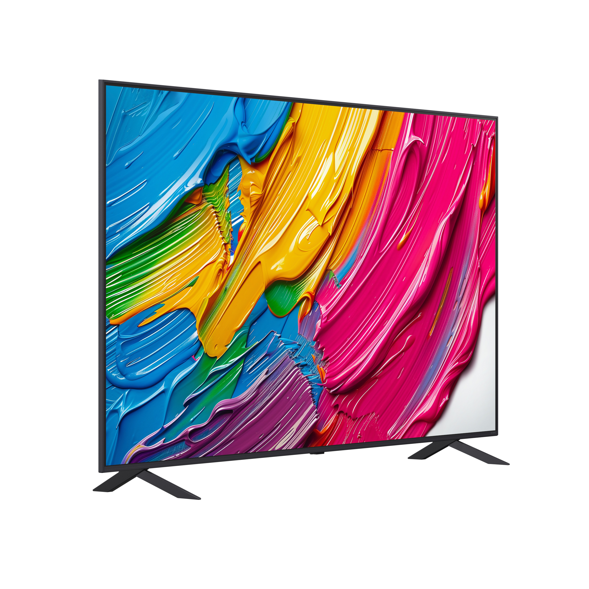 Un televisore mostra pennellate colorate di blu, verde, giallo e rosa. È su gambe nere, isolato su bianco.