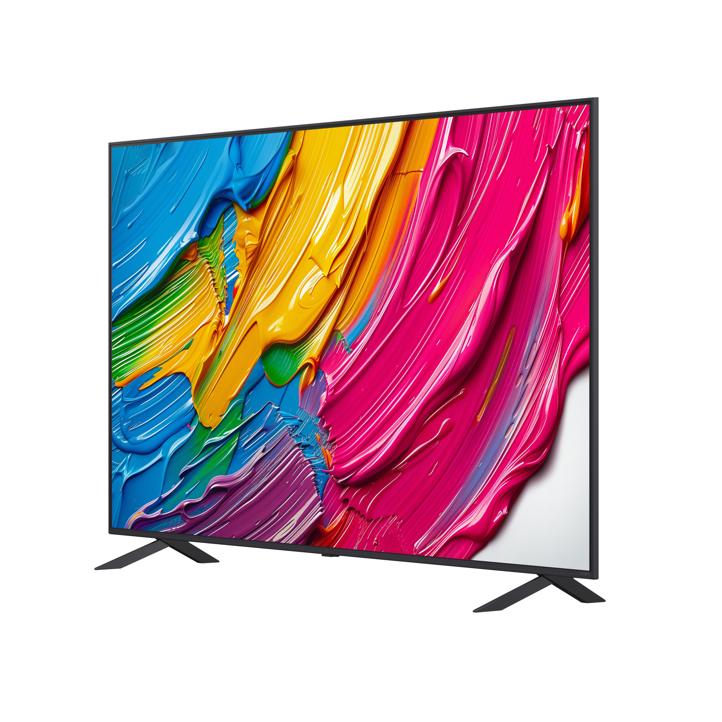 Una TV con pennellate colorate sullo schermo. Ha una cornice nera e due gambe nere.