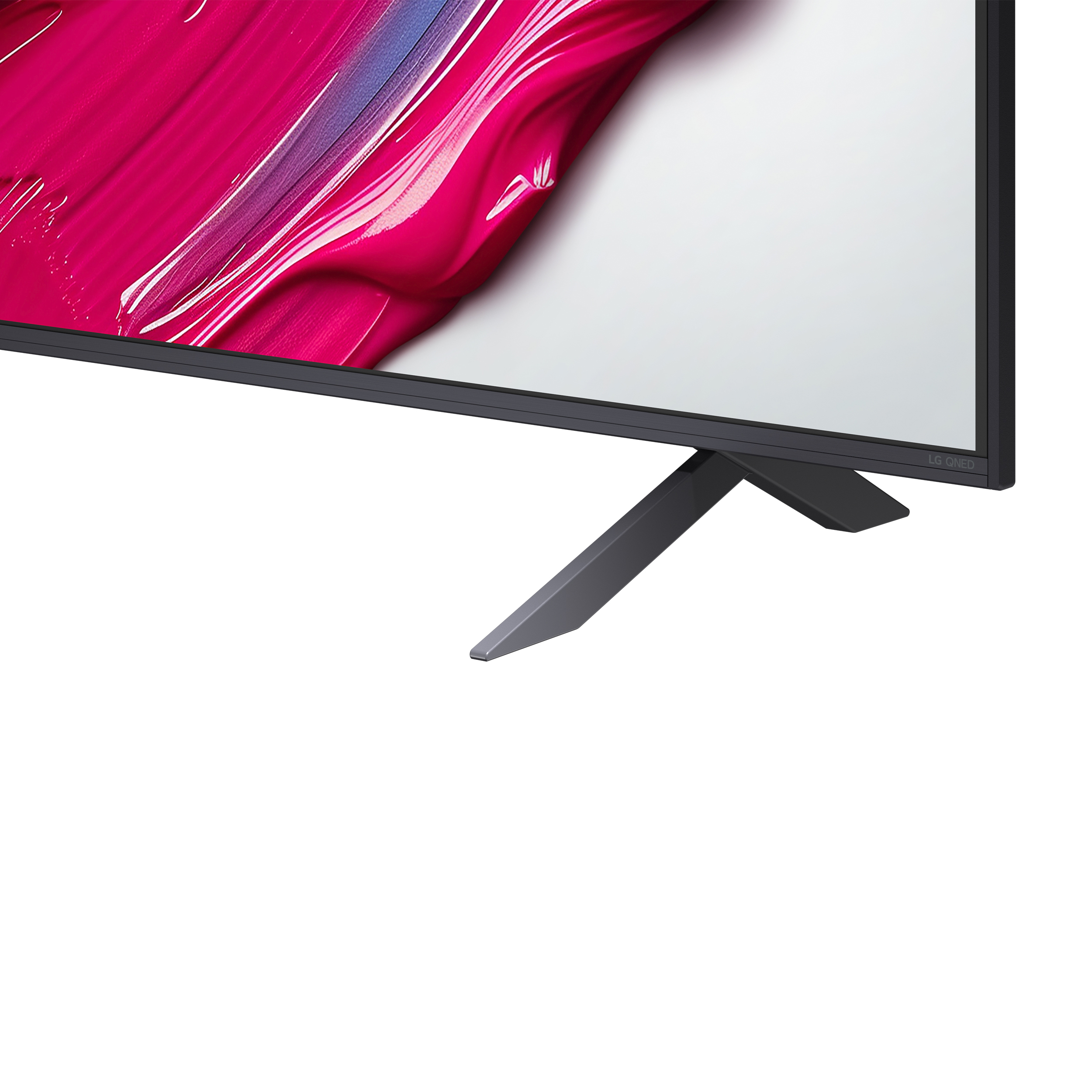 TV con cornice e supporto neri. Lo schermo mostra un design astratto rosa e viola. Sfondo bianco.