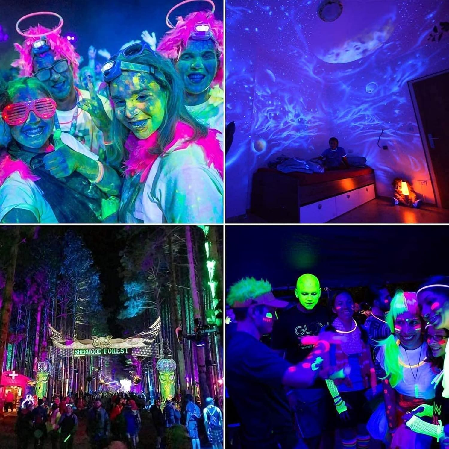 Gruppe von Menschen mit Neonfarbe und Accessoires auf einer Party. Die Szene ist mit UV-Licht beleuchtet.