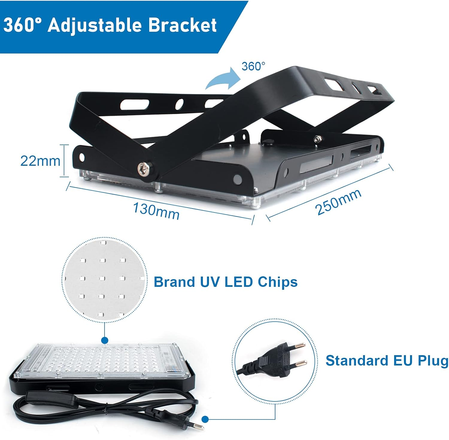 Eine schwarze, verstellbare Halterung mit Abmessungen, Brand UV LED Chips und ein Standard-EU-Stecker werden gezeigt, mit Maßangaben auf dem Bild.