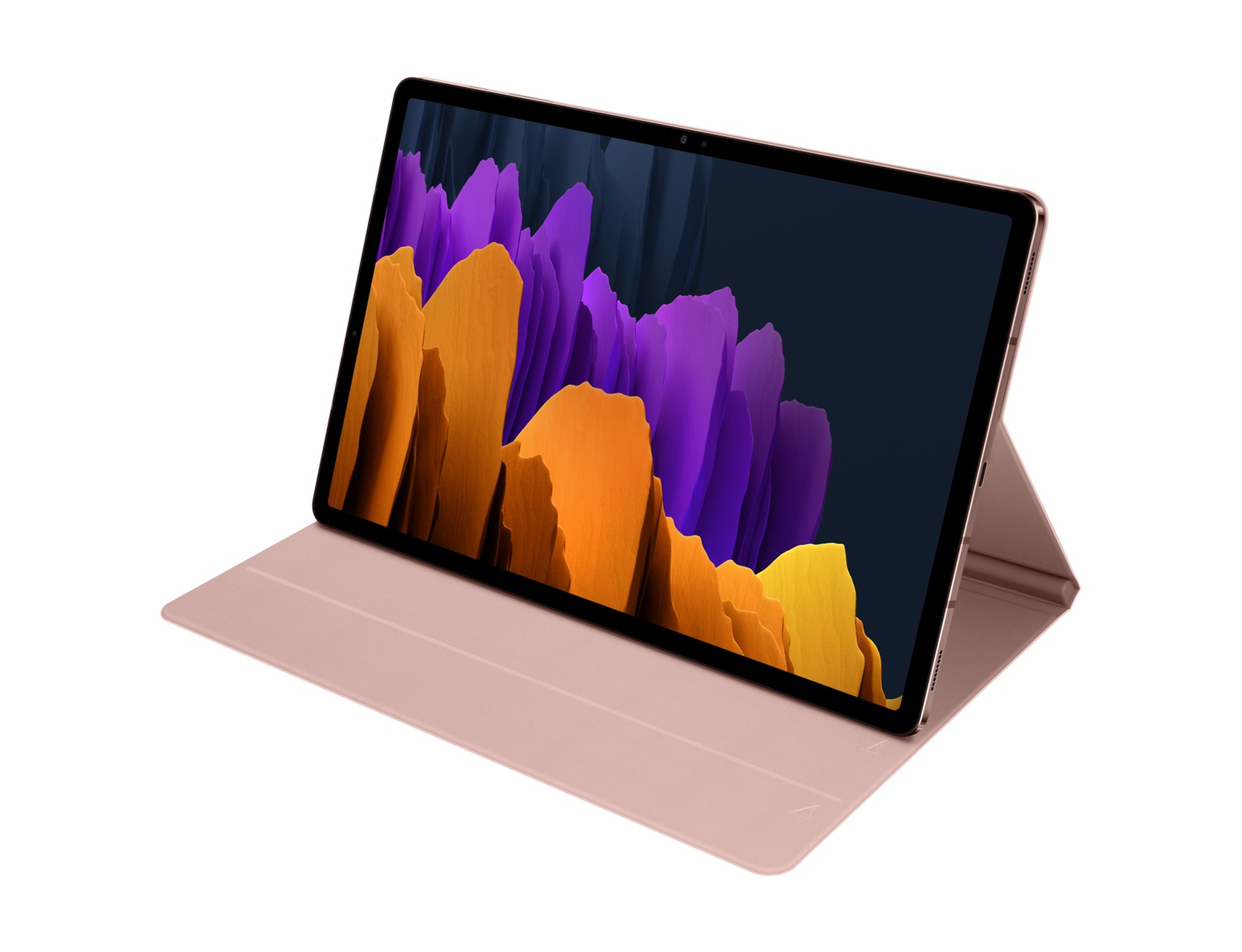 Tablet in custodia oro rosa, schermo mostra arte astratta con forme arancioni, gialle e viola su sfondo scuro.