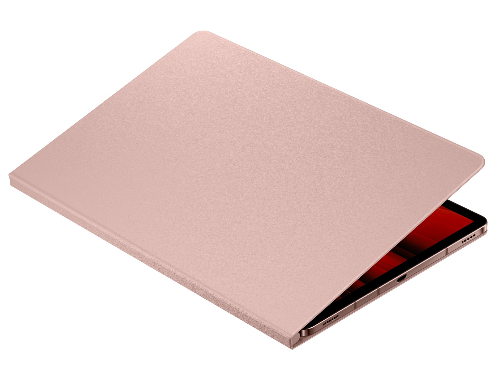 Un tablet color rosa con custodia è leggermente aperto, rivelando lo schermo. La custodia e il tablet sono su sfondo bianco.