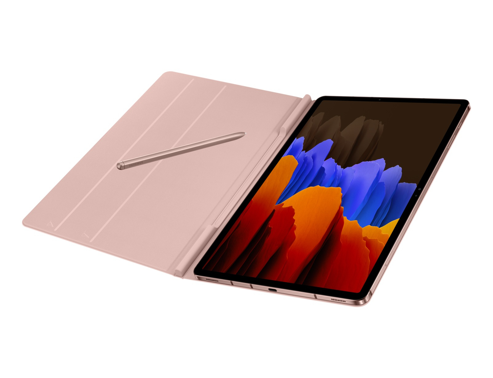 Un tablet con stilo su una cover rosa chiaro. Lo schermo mostra un'immagine astratta colorata. Il tablet è su sfondo bianco.