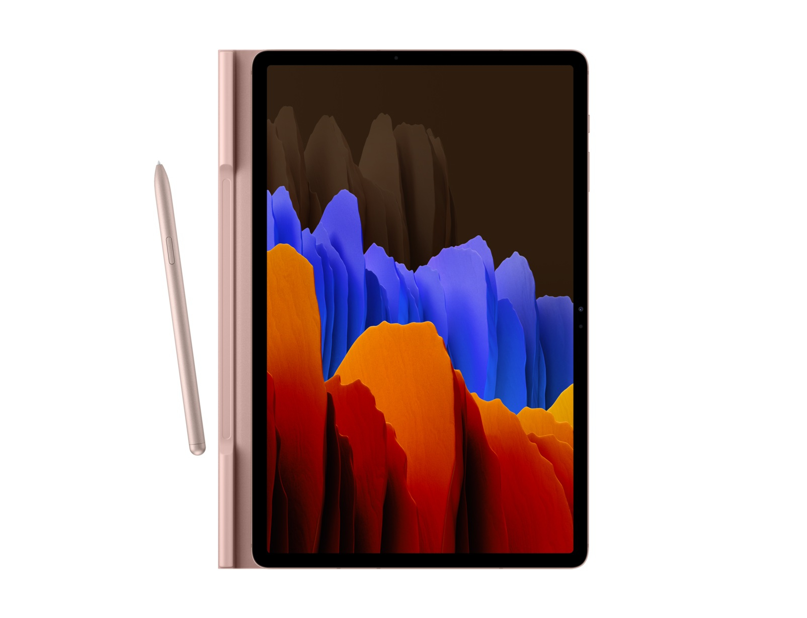 Un tablet color oro rosa con uno stilo. Lo schermo mostra un paesaggio astratto di forme arancioni, blu e marroni.