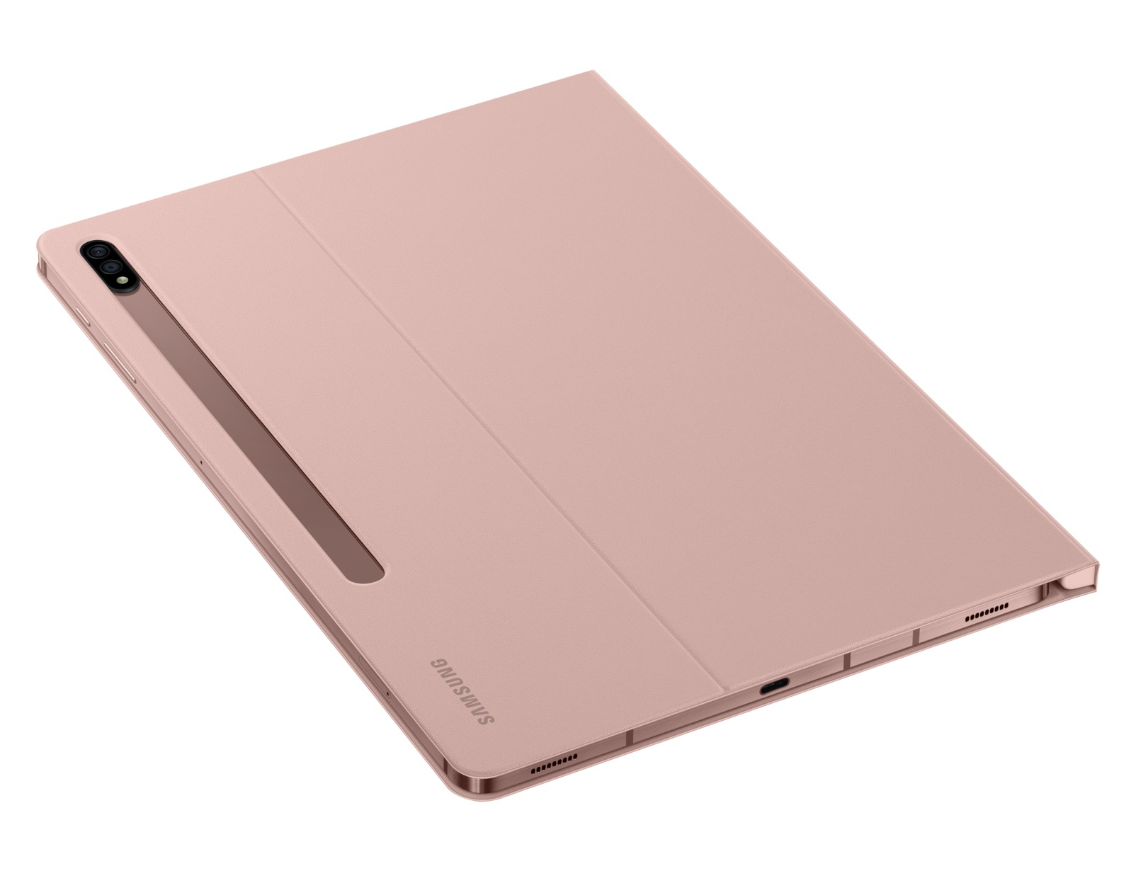Un tablet color oro rosa con una cover è mostrato in prospettiva. Il logo Samsung è in basso. Lo sfondo è bianco.