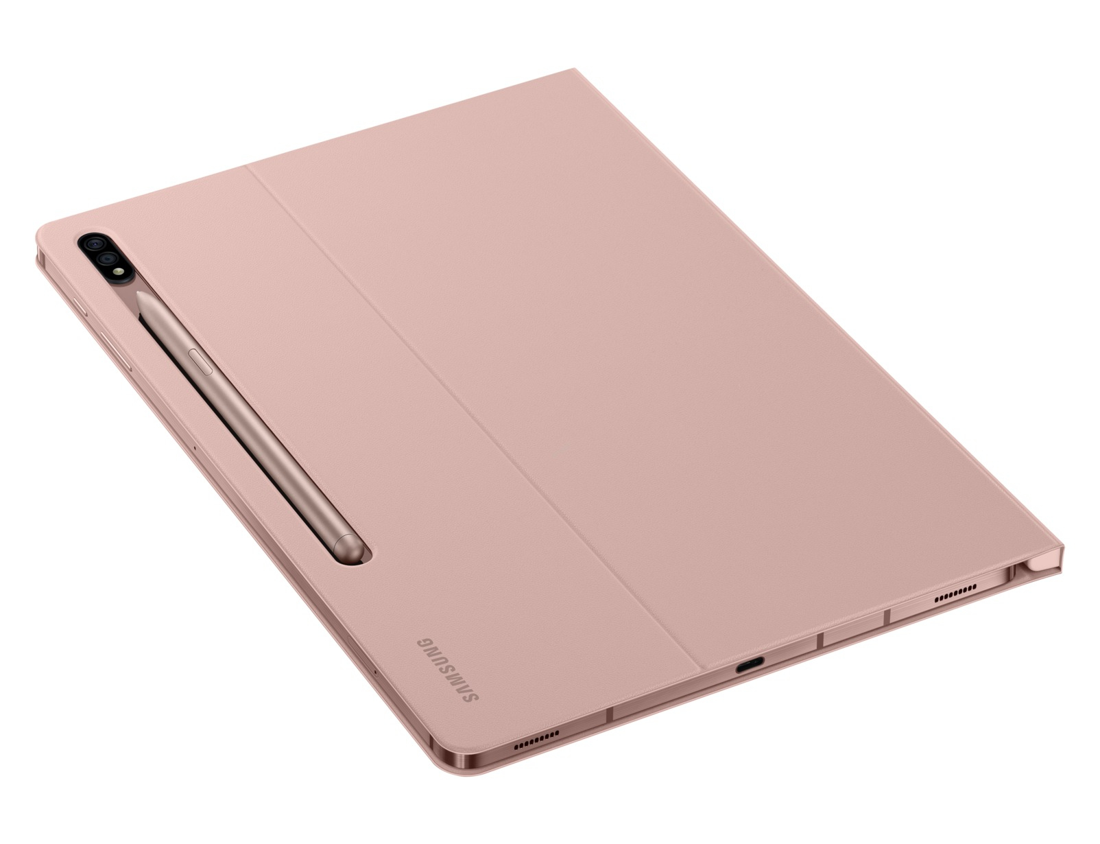 Un tablet Samsung oro rosa con cover e pennino abbinati, su sfondo bianco. Il tablet è leggermente angolato.