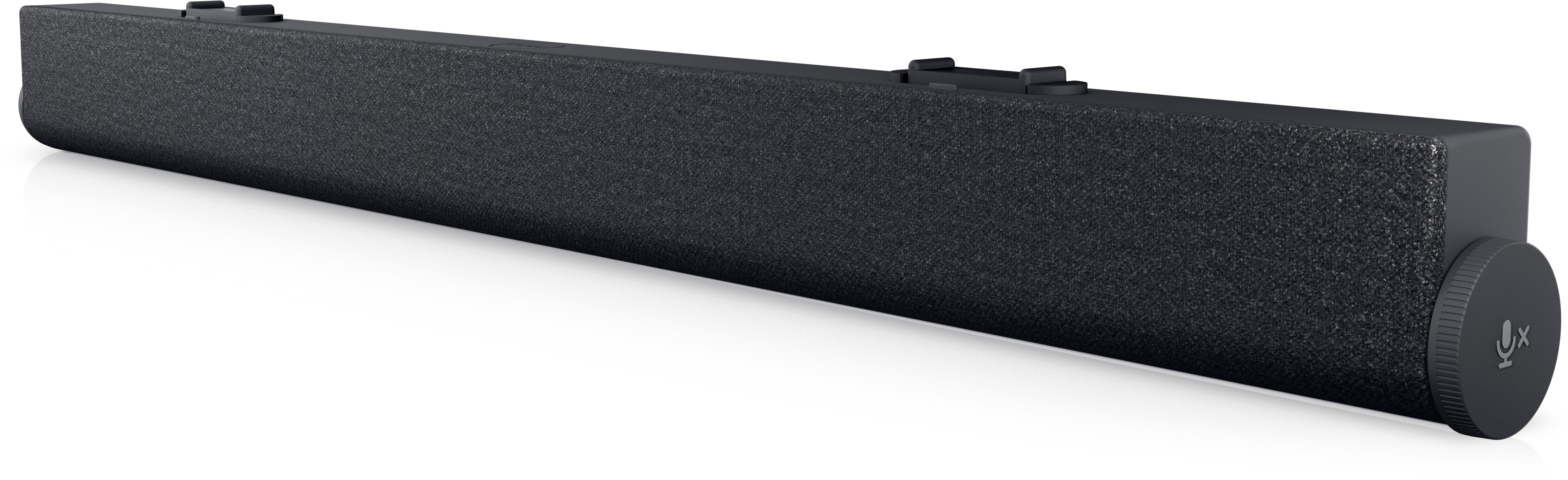 Una soundbar rettangolare grigio scuro. Ha una trama simile al tessuto sulla parte anteriore. Un pulsante rotondo con un'icona del microfono è sul lato.