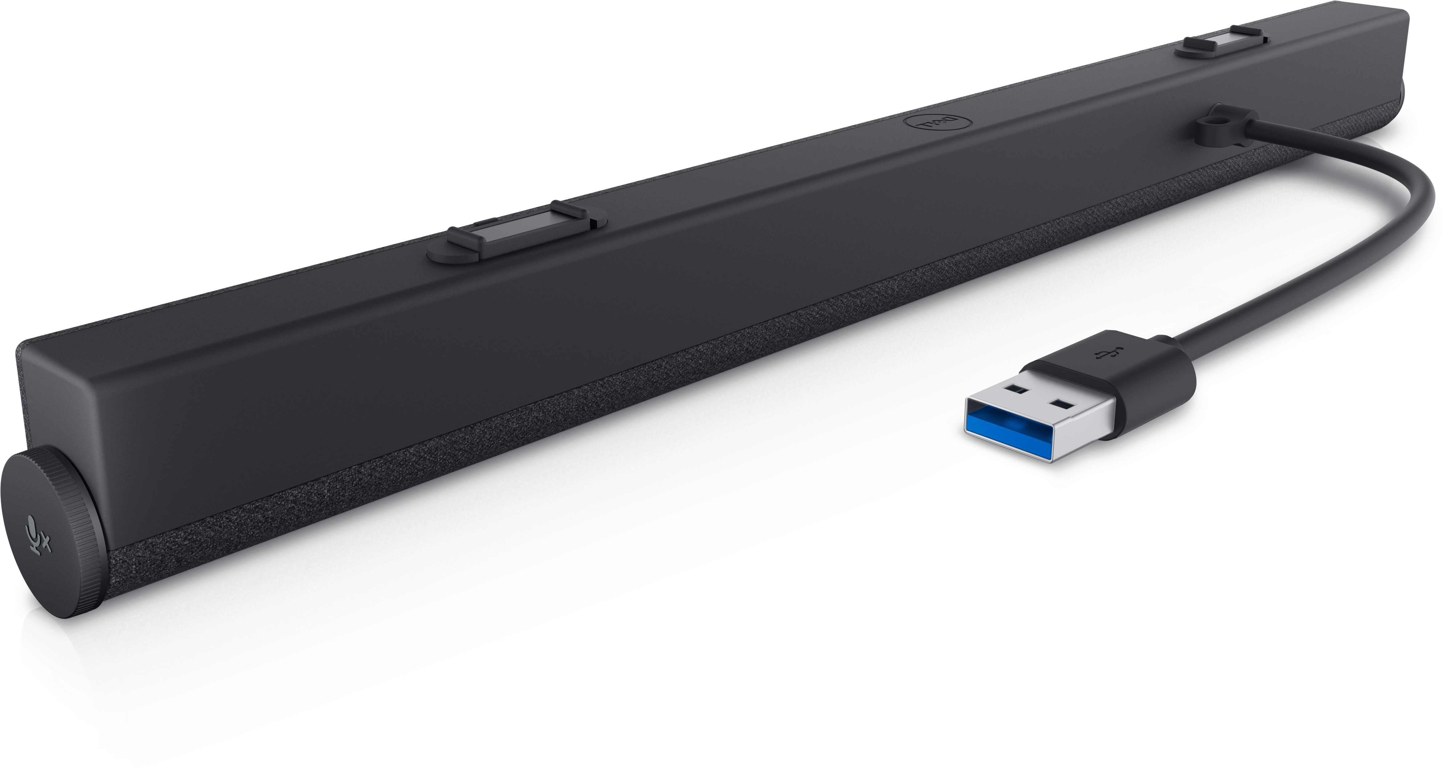 Una soundbar nera con cavo USB. Ha un pulsante microfono, il logo Dell e un connettore USB con interno blu.