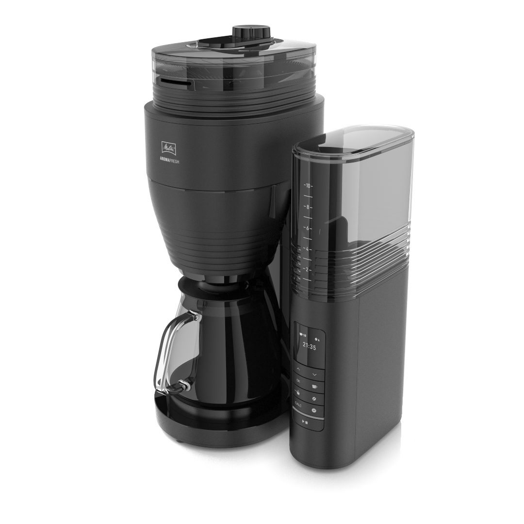 Czarny ekspres do kawy i młynek do kawy na białej powierzchni. Ekspres ma szklaną karafkę. Młynek ma cyfrowy wyświetlacz.