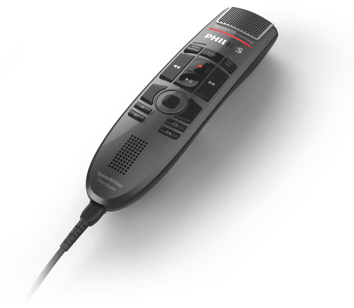 Un microfono Philips SpeechMike Premium grigio con pulsanti e cavo, su sfondo bianco. In alto c'è un altoparlante e il logo Philips.