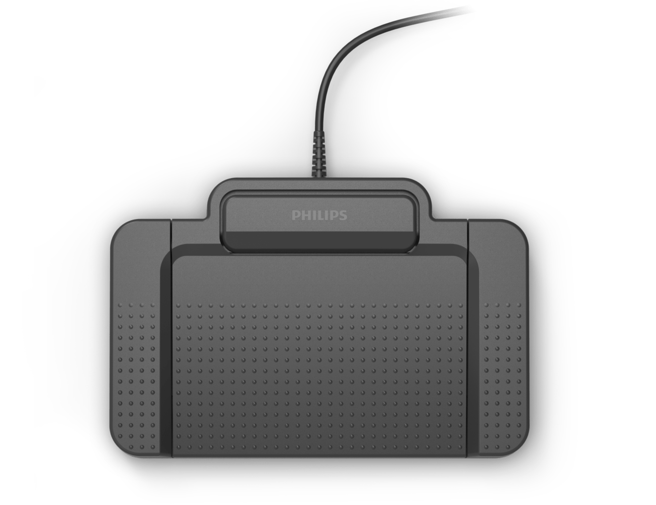 Ein dunkelgraues Philips-Fußpedal mit Kabel. Das Pedal hat eine strukturierte Oberfläche mit kleinen Erhebungen und dem Philips-Logo.