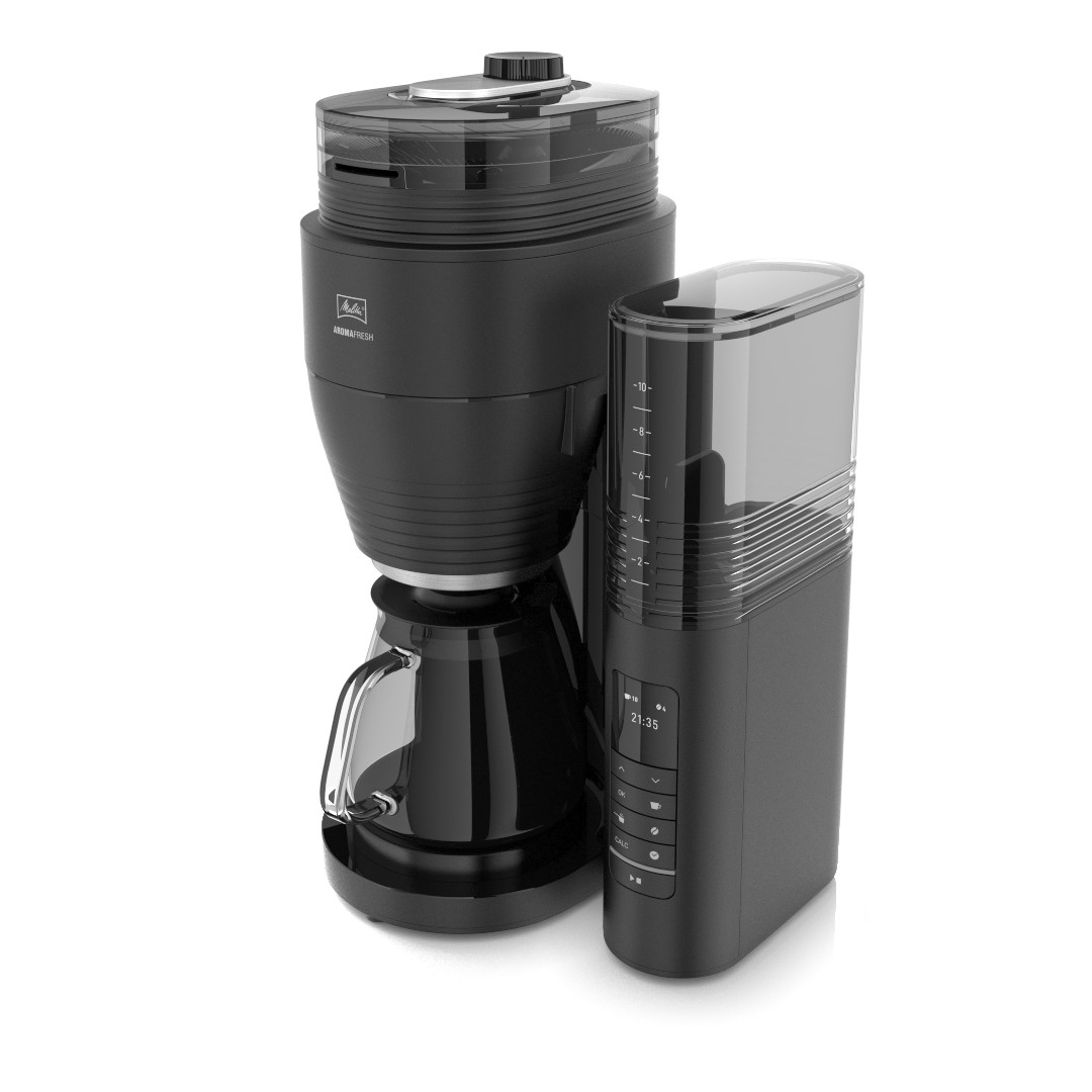 Czarny ekspres do kawy z młynkiem. Ma szklany dzbanek i wyświetlacz cyfrowy. Tło jest białe.