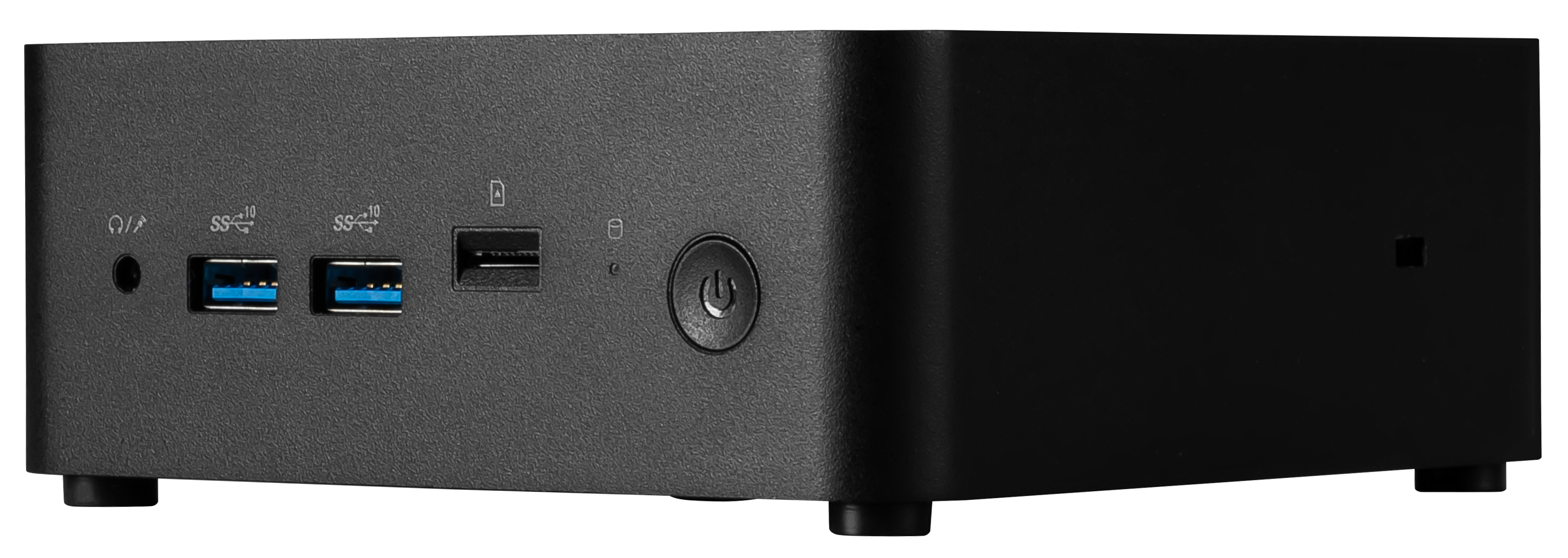 Mini PC nero con pulsante di accensione, porte USB e jack audio.