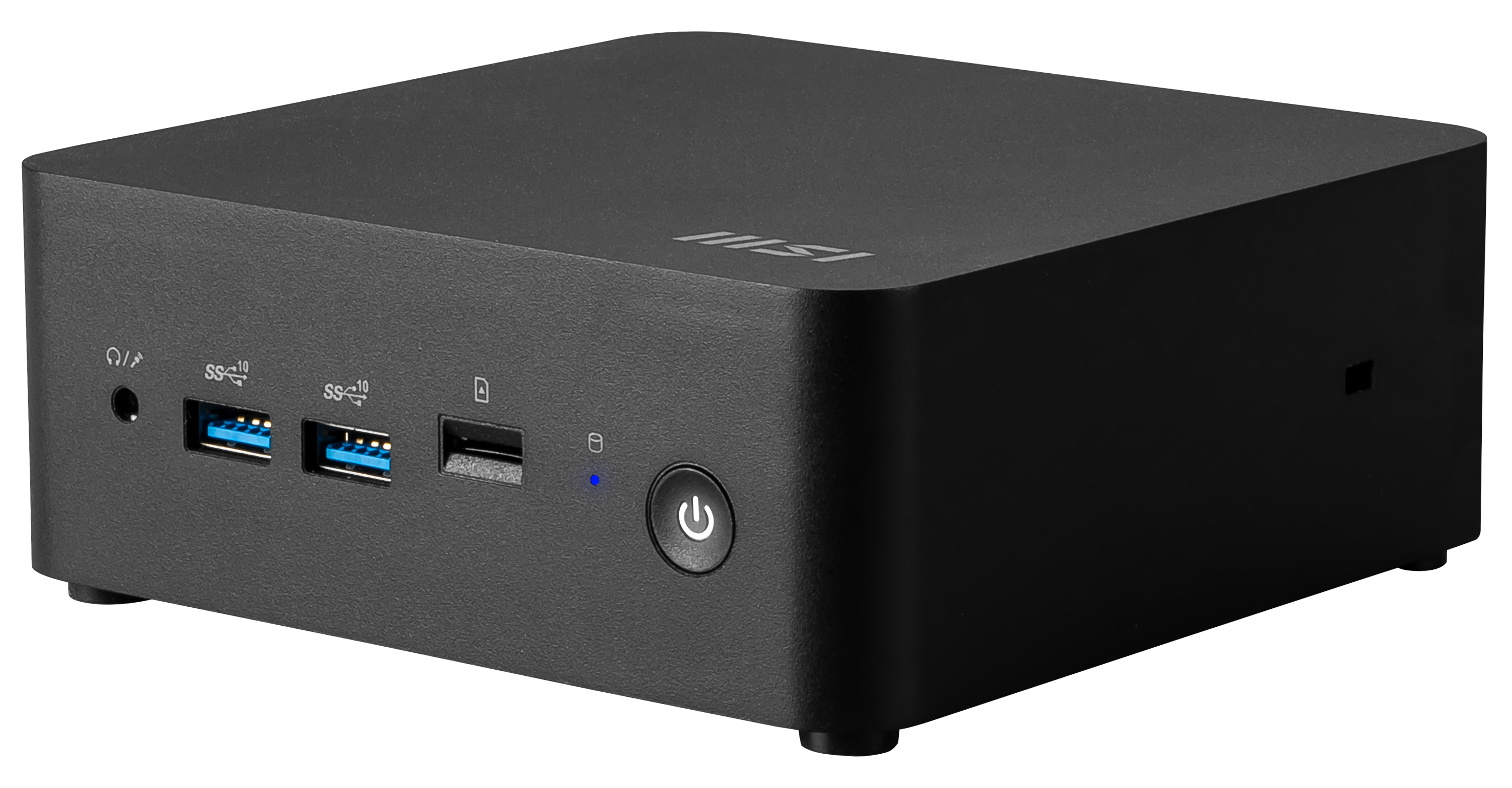 Mini PC MSI nero. Il frontale ha porte, pulsante di accensione e spia. La parte superiore ha il logo MSI.