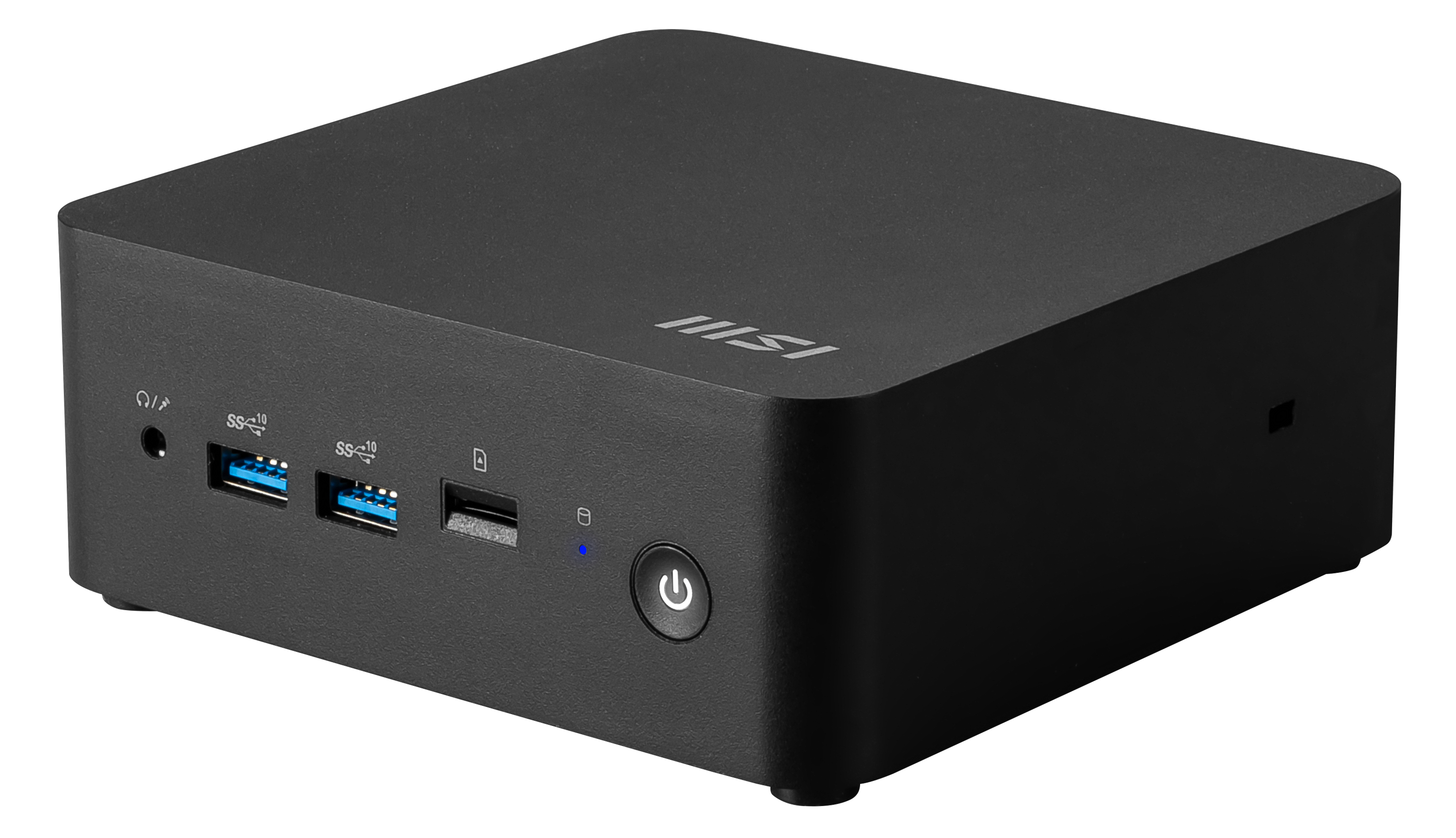 Un computer MSI nero. Ha più porte USB e un pulsante di accensione. Il logo MSI è in alto.