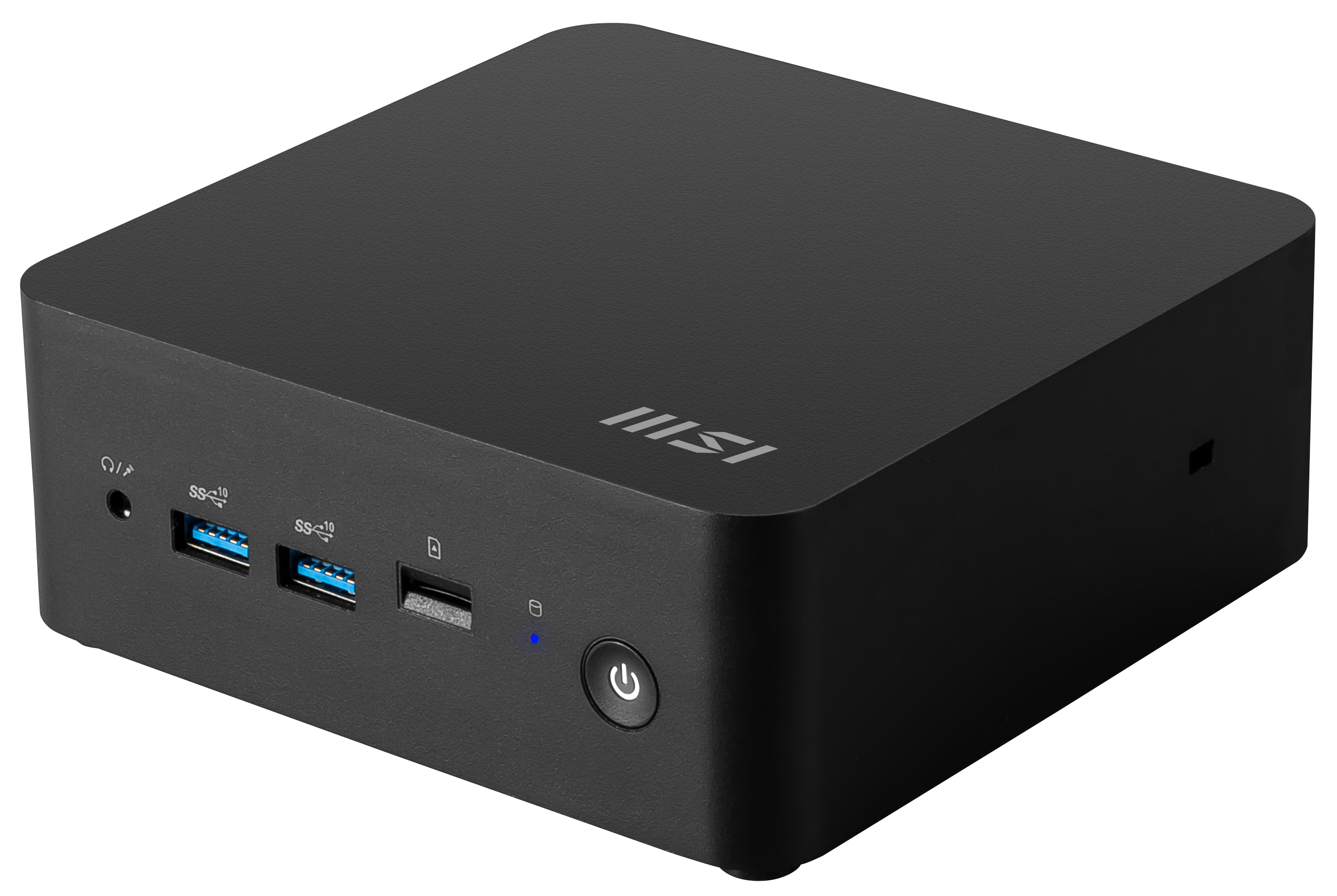 Un computer MSI nero. Ha porte USB, un pulsante di accensione e una luce blu sul davanti. La parte superiore ha il logo MSI.
