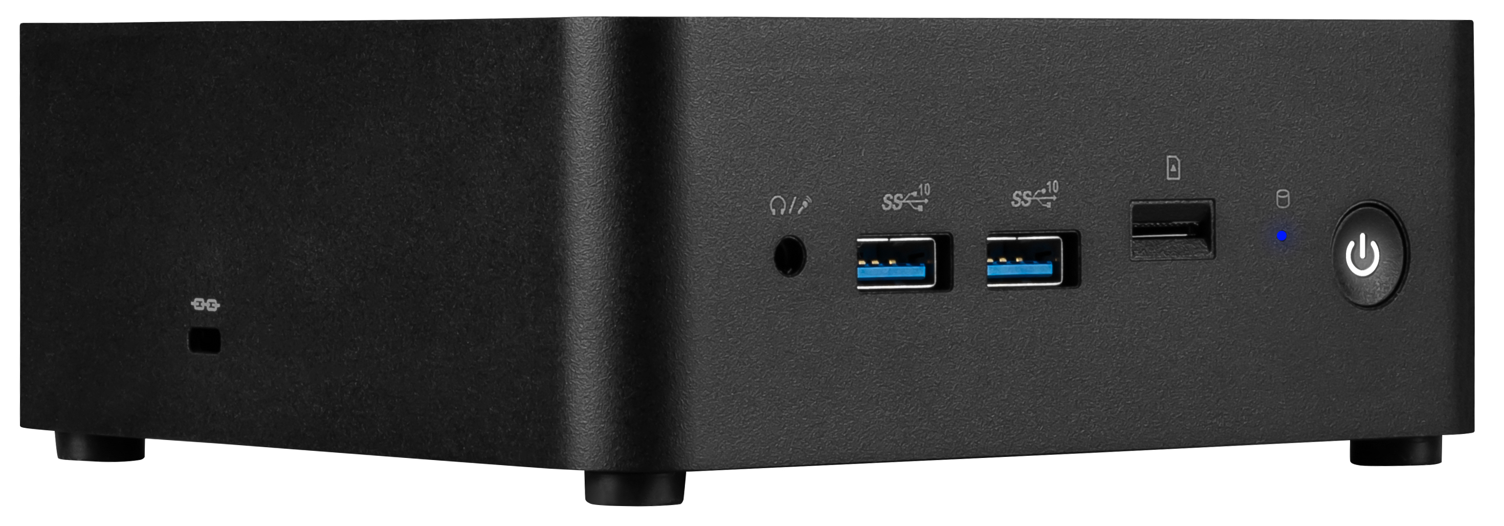 Mini computer nero con porte. Ha USB, audio e pulsante di accensione. La parte anteriore ha LED blu e diverse porte.