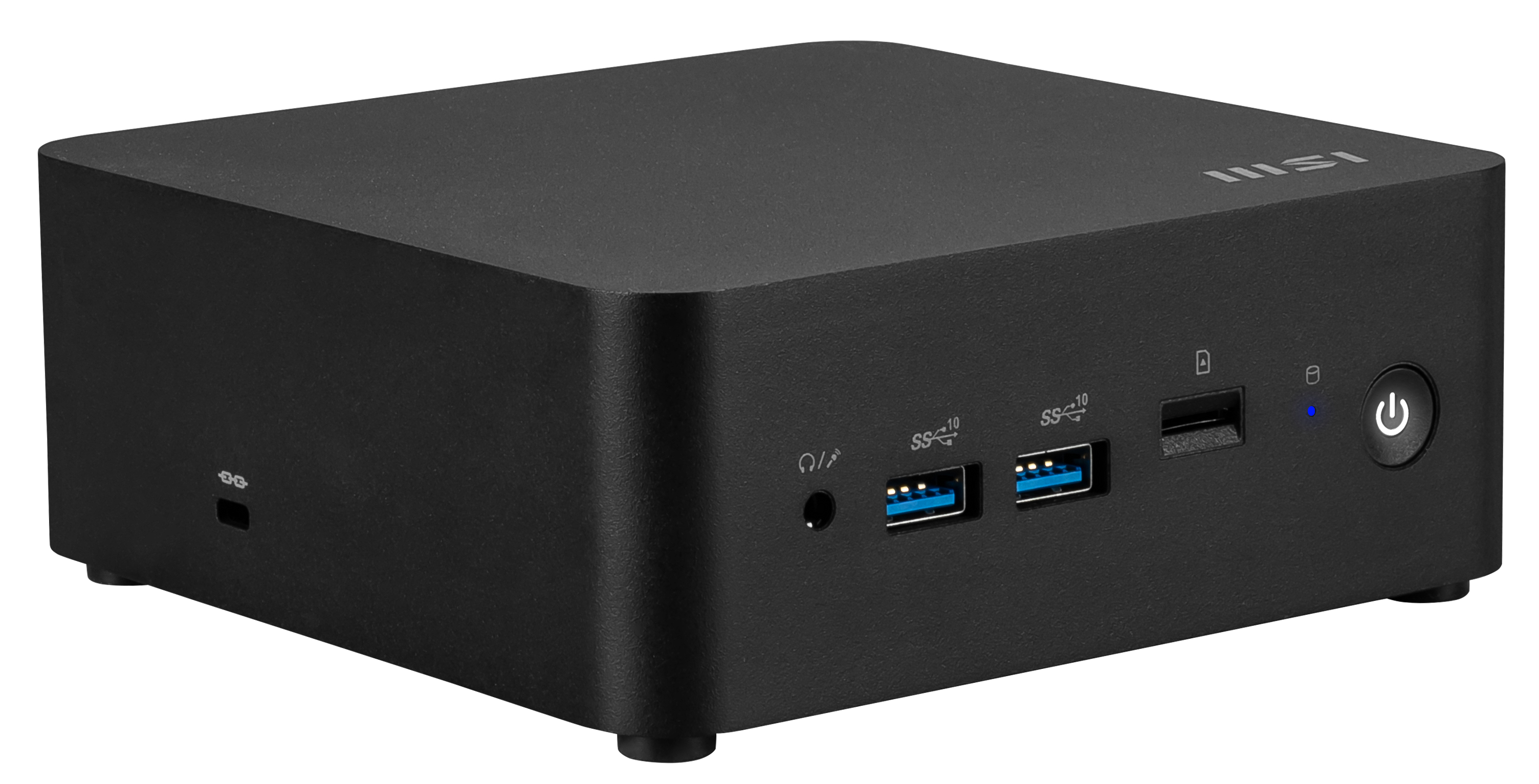 Mini PC MSI nero. Frontale: porte USB, jack audio, pulsante di accensione. Sopra: logo MSI. Lato: porte di alimentazione e altro.