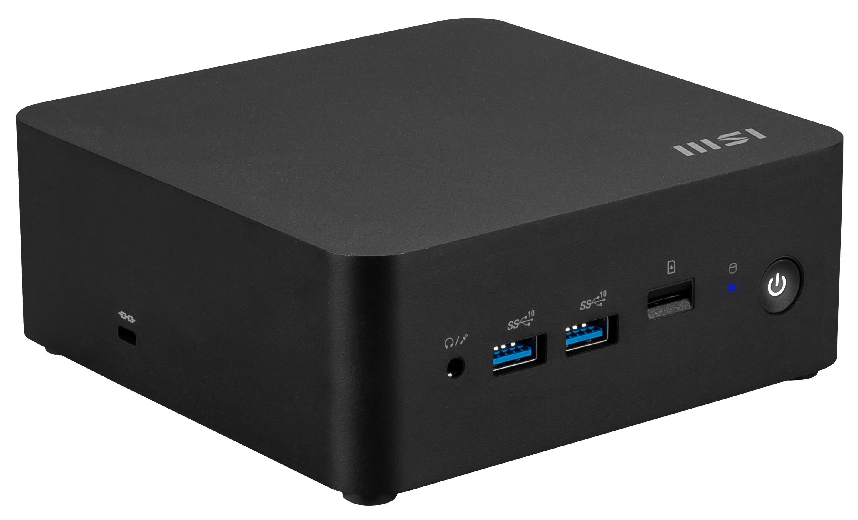 Un computer MSI nero. Include porte USB, pulsante di accensione e jack audio. Il logo MSI è visibile sulla parte superiore.