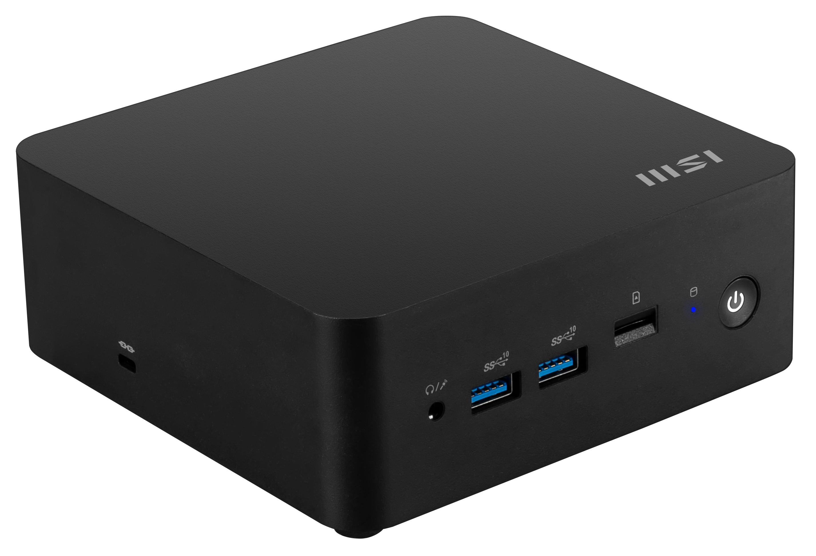 Computer nero e quadrato. Ha porte USB, pulsante di accensione e luce blu. Il logo è visibile sopra.
