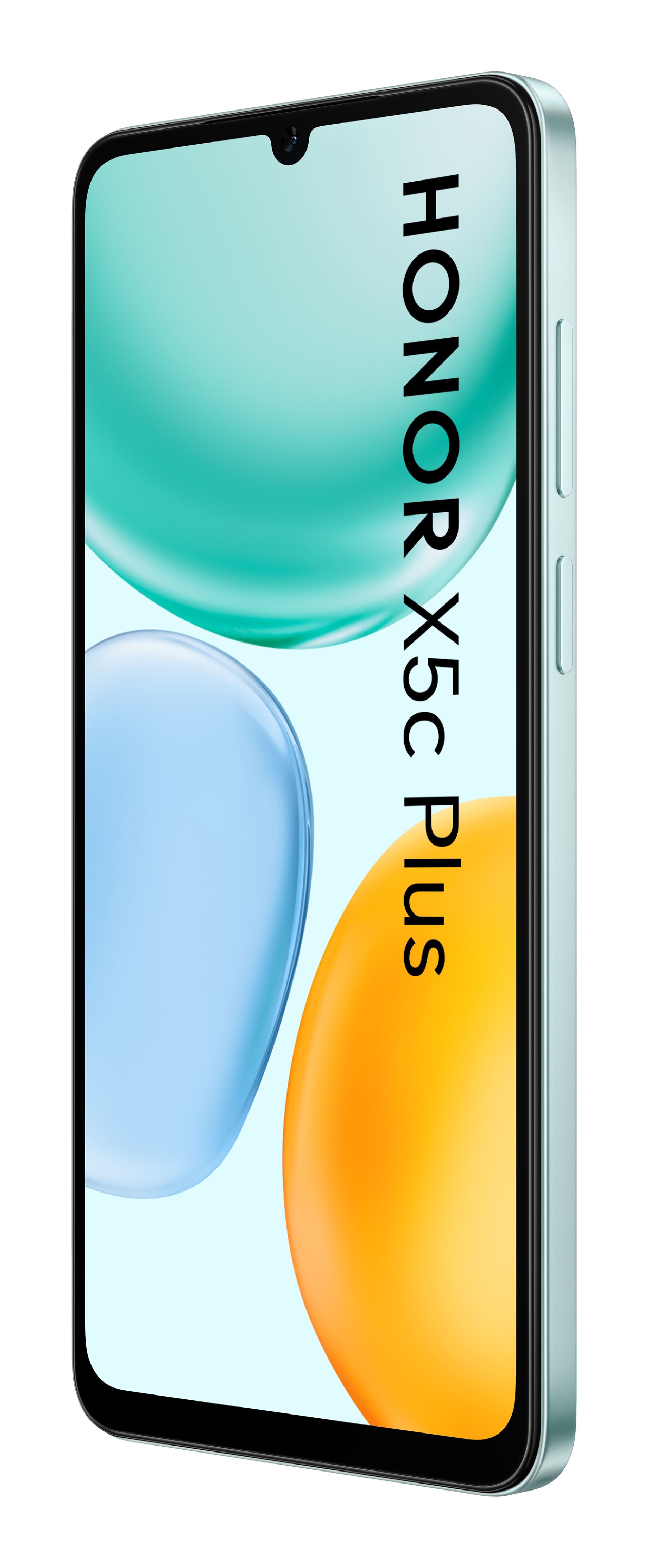 Das Honor X5c Plus-Telefon wird gezeigt, mit einem teal Gehäuse. Der Bildschirm zeigt teal, blaue und orange abgerundete Formen und den Namen des Telefons.