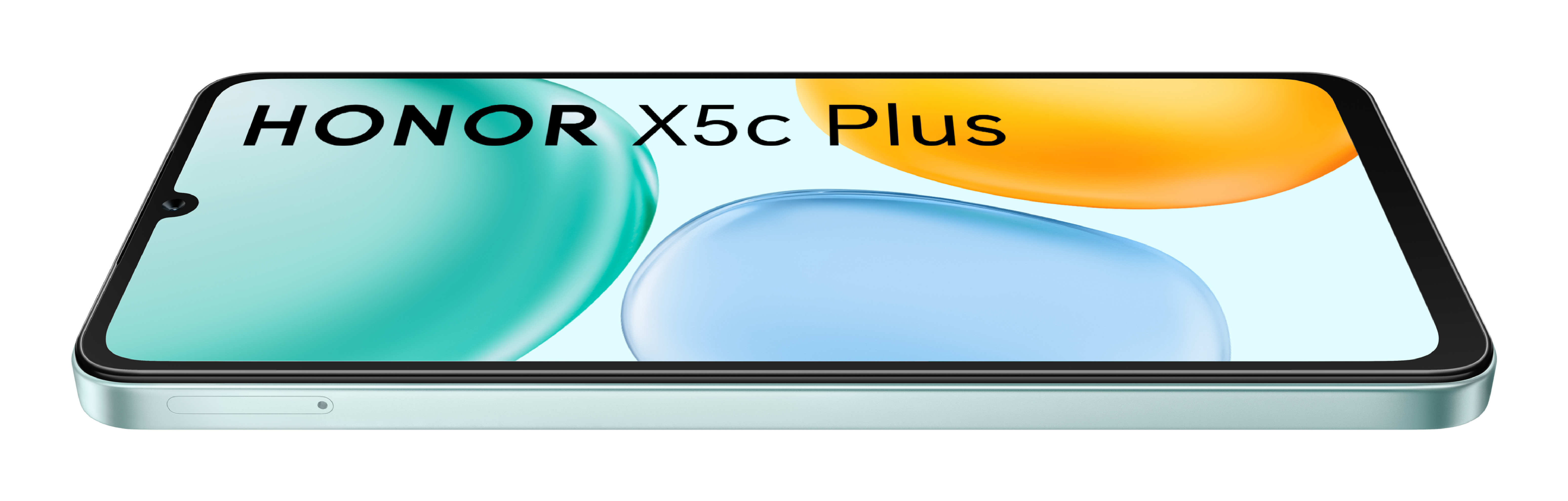 Das Honor X5c Plus-Telefon wird gezeigt, mit einem tealfarbenen Gehäuse und einem Bildschirm mit abstrakten Formen und dem Namen.