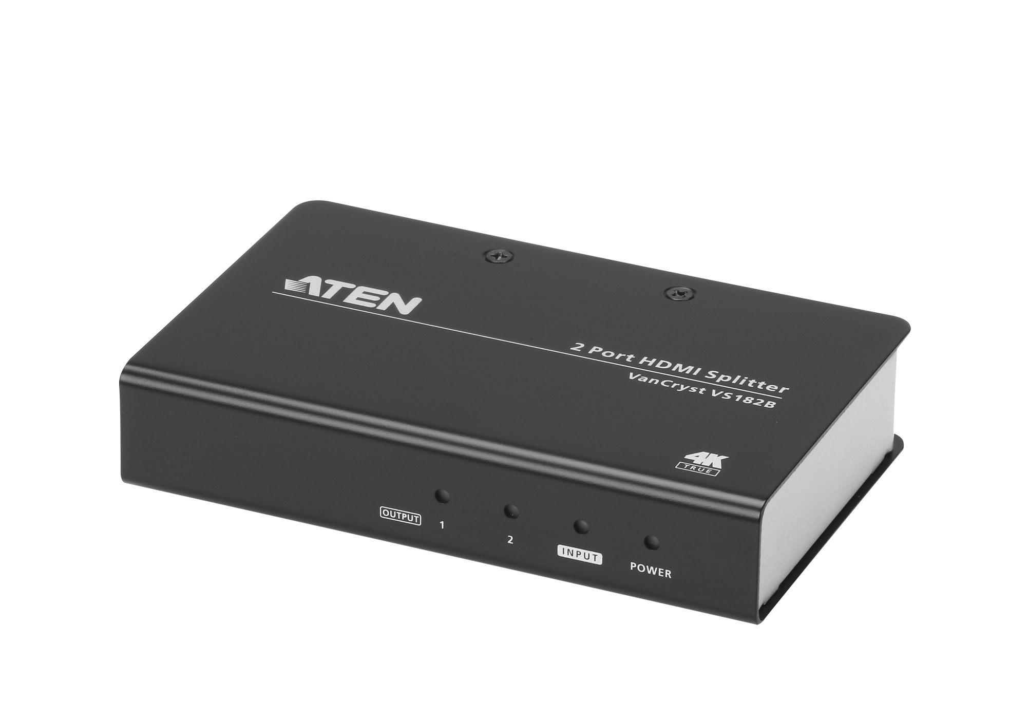 Uno splitter HDMI a 2 porte nero con il marchio "ATEN" in alto. Ha porte etichettate output, input e power.