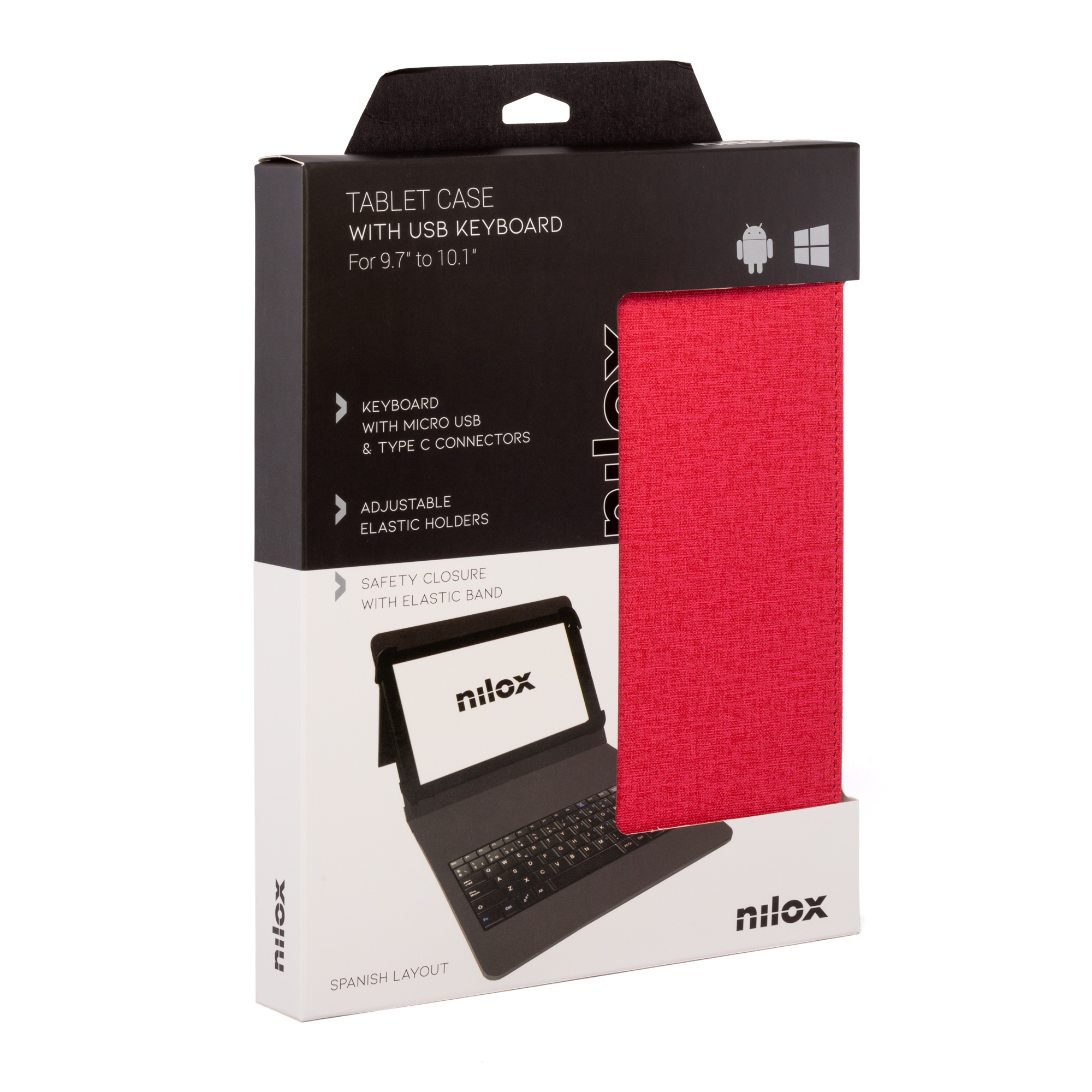 Caja de funda para tableta con una cubierta roja, ilustración del teclado y nombre de la marca. La caja indica 'Tablet Case with USB Keyboard'.