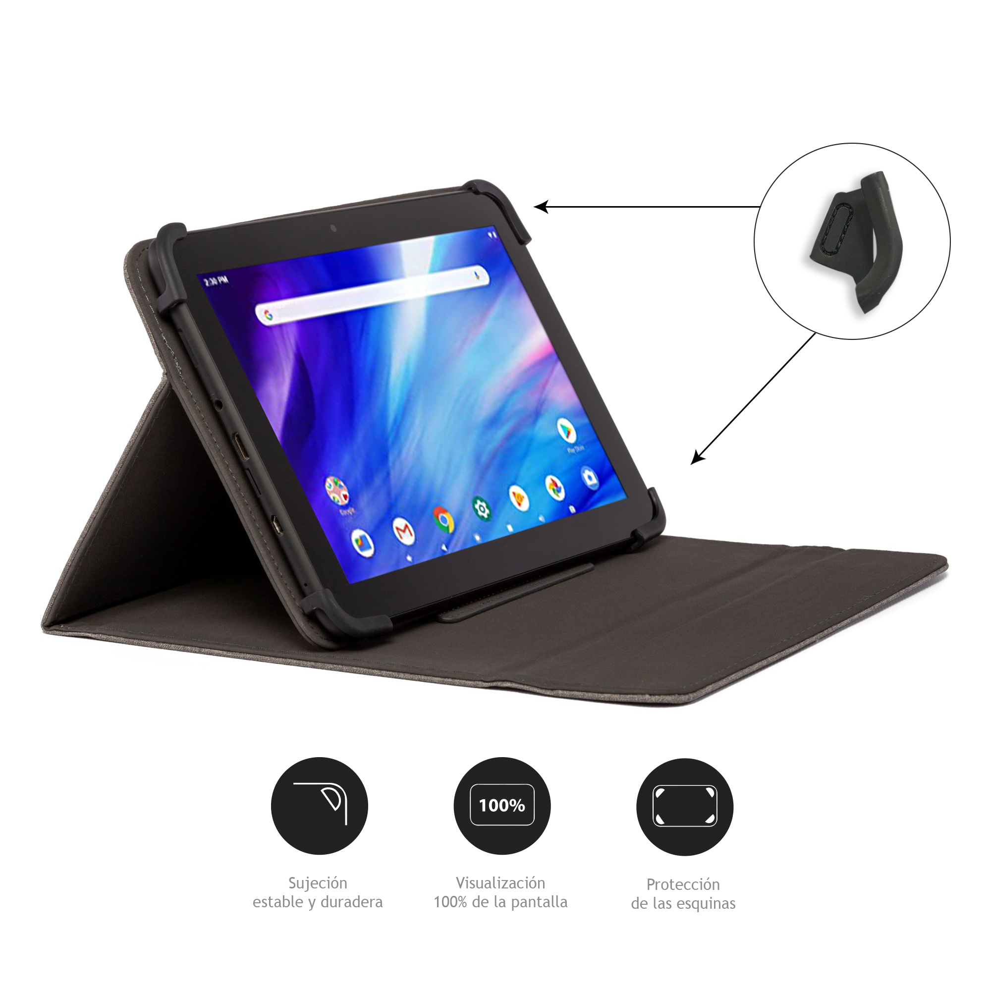 Tablet in custodia grigia con protezioni angolari nere. Lo schermo mostra app. Gli inserti mostrano dettagli angolari e icone delle funzioni.
