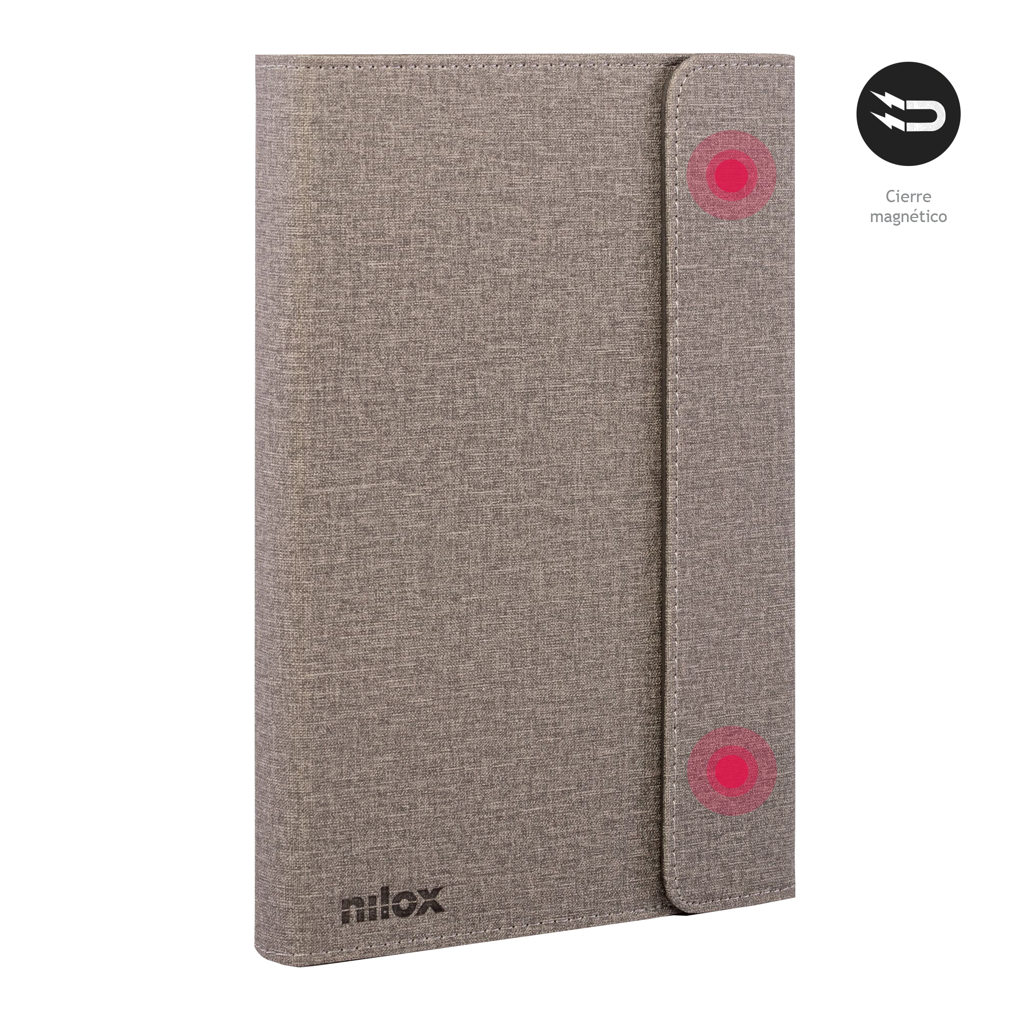 Custodia grigia Nilox per tablet con chiusura magnetica. Punti rossi indicano i punti di chiusura. Sfondo bianco.
