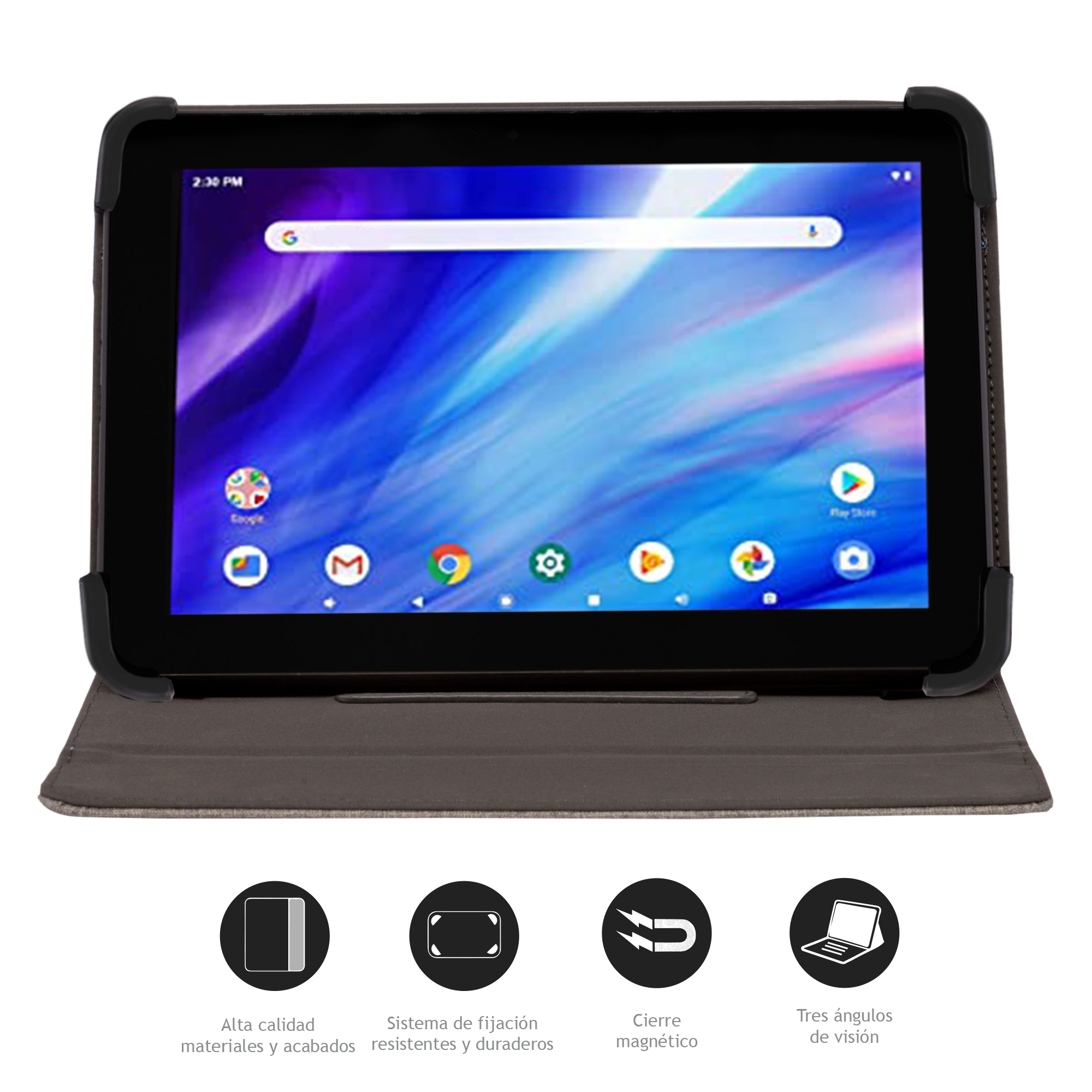 Tablet in custodia, mostra schermo con app. Custodia aperta, icone Google, Maps e Play Store visibili.