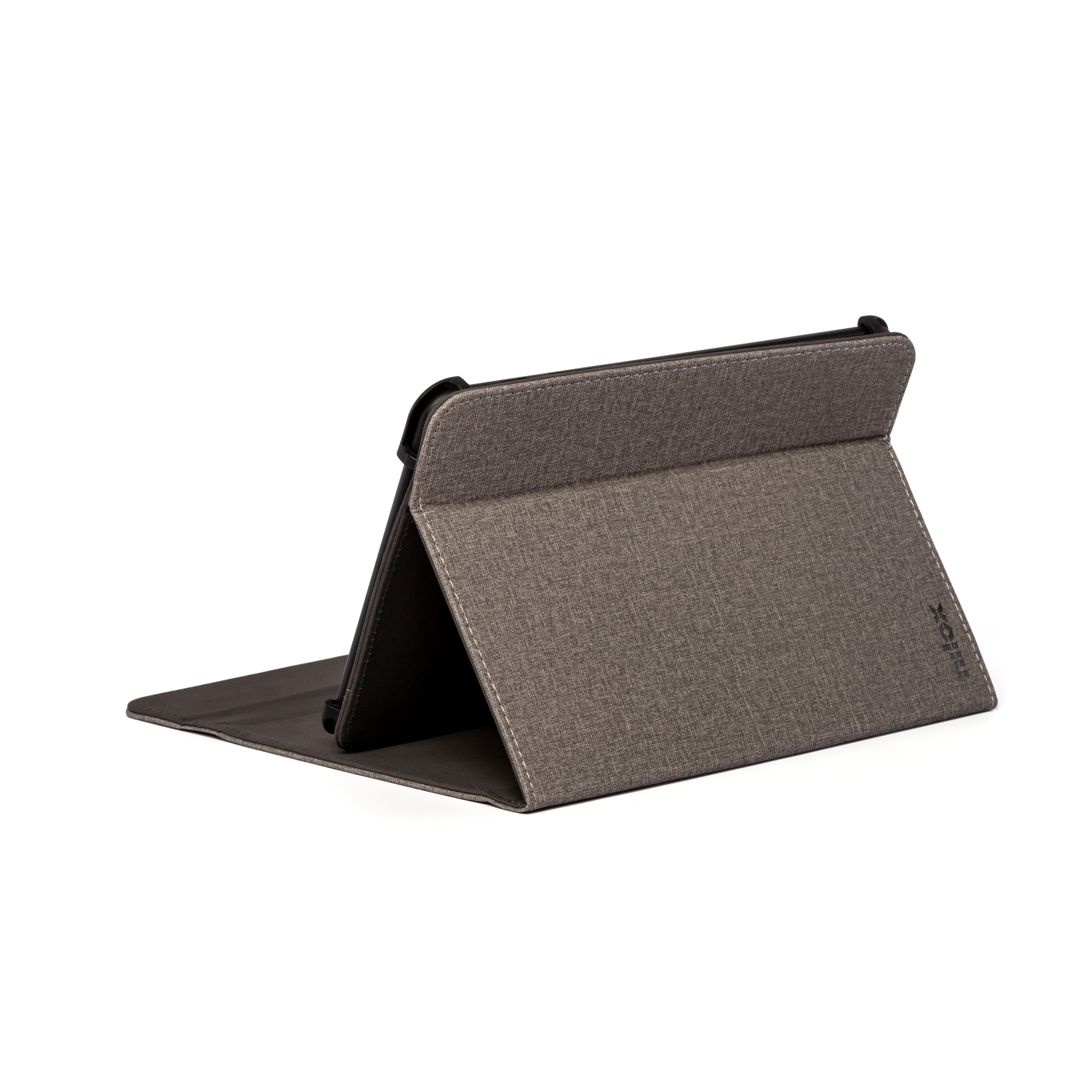Una custodia per tablet, tessuto grigio, aperta. La custodia è in piedi con la parte posteriore che forma un triangolo.