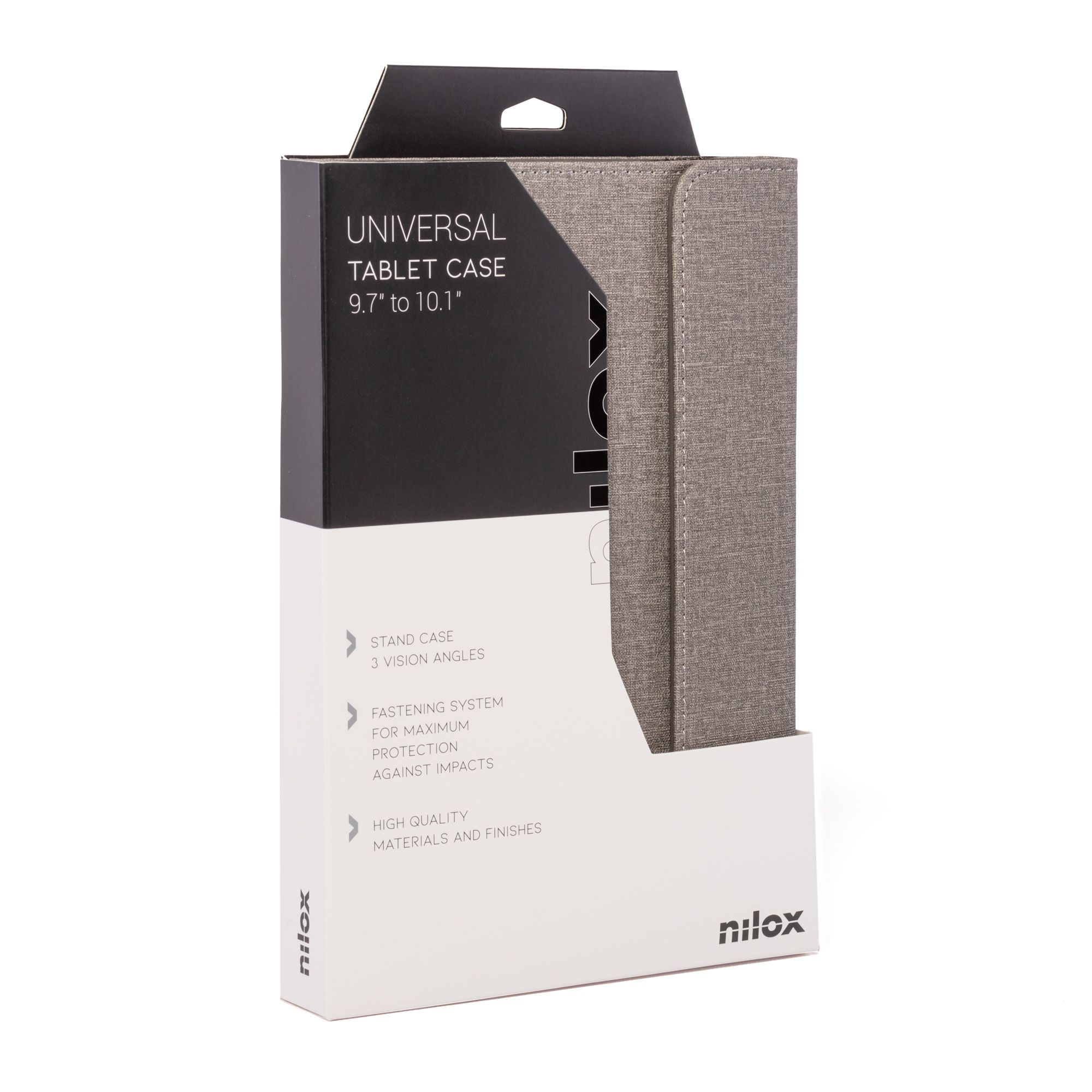 Una scatola per custodia per tablet. Dice 'UNIVERSAL TABLET CASE' e mostra una custodia grigia. Il marchio è nilox.