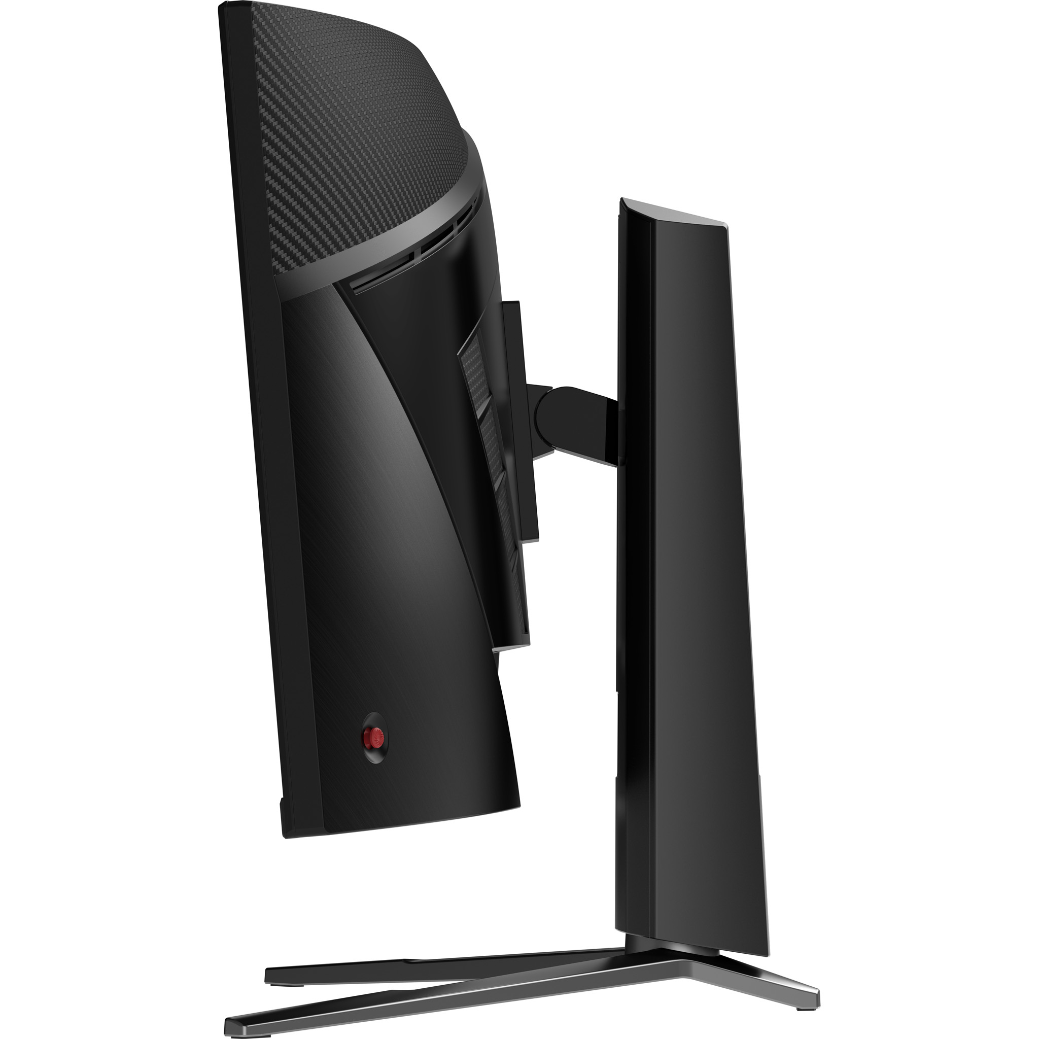 Widok z boku czarnego monitora. Ma zakrzywiony ekran, podstawę i czerwony przycisk.