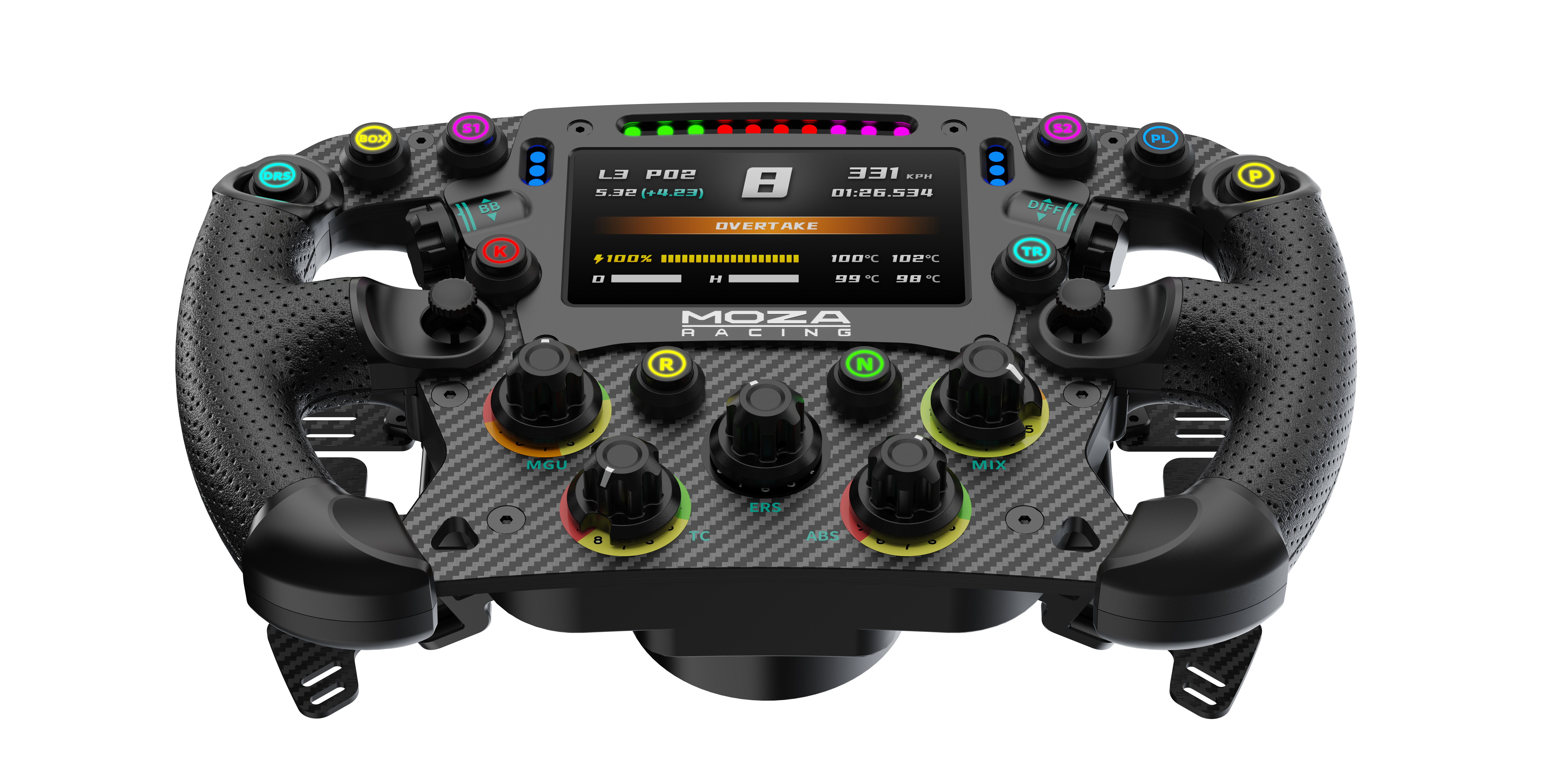 Un volant de course avec boutons, un écran affichant des données et un design en fibre de carbone.