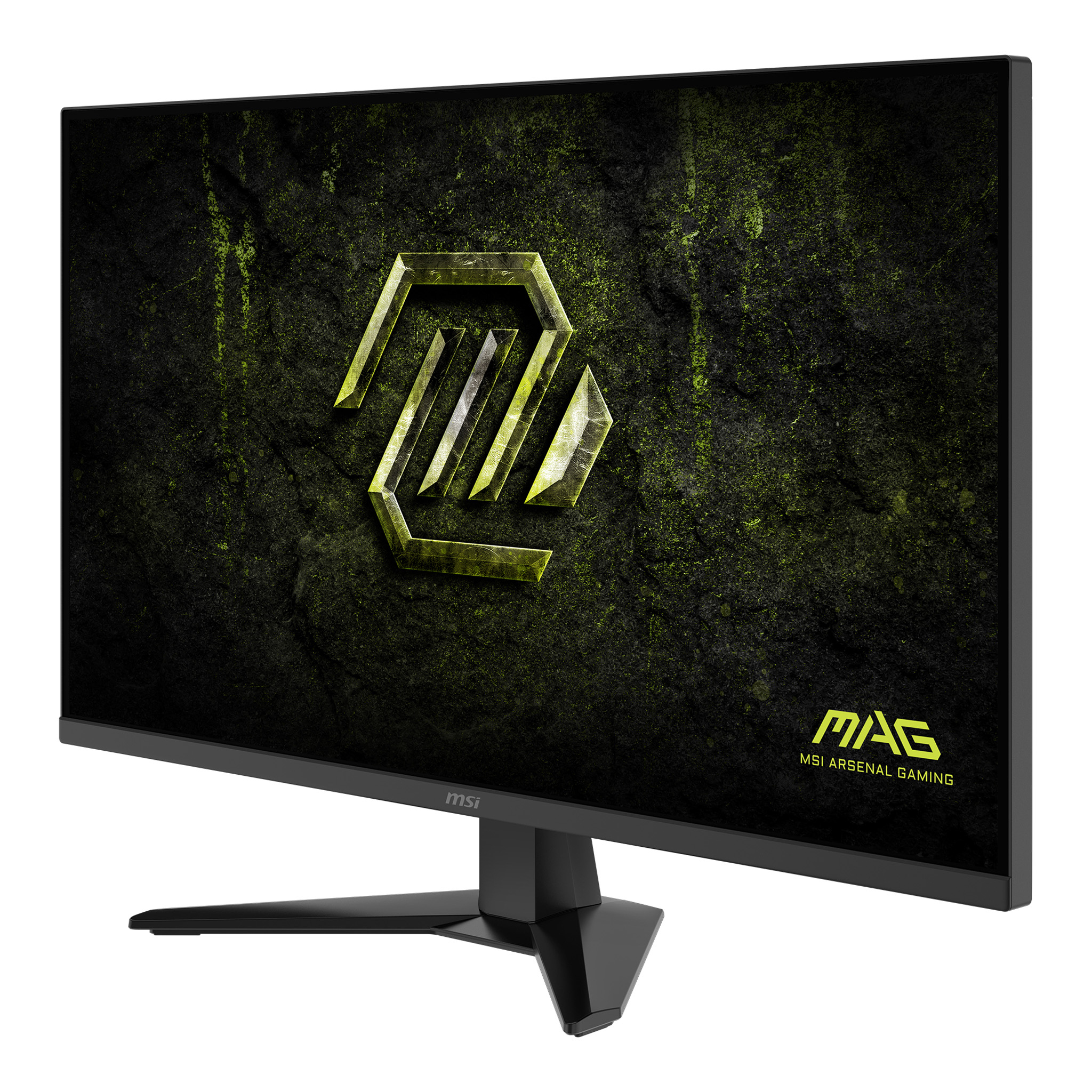 Monitor gaming MSI. Czarna ramka, podstawa. Wyświetlacz z zielono-czarnym tłem i żółtym logo.