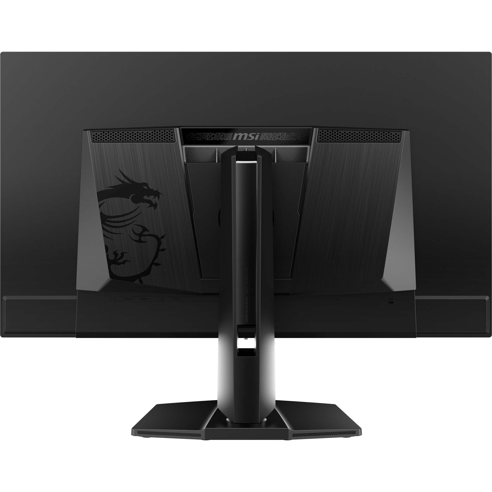 Widok z tyłu czarnego monitora gamingowego MSI, z logo smoka, podstawką i portami. Ekran jest czarny.