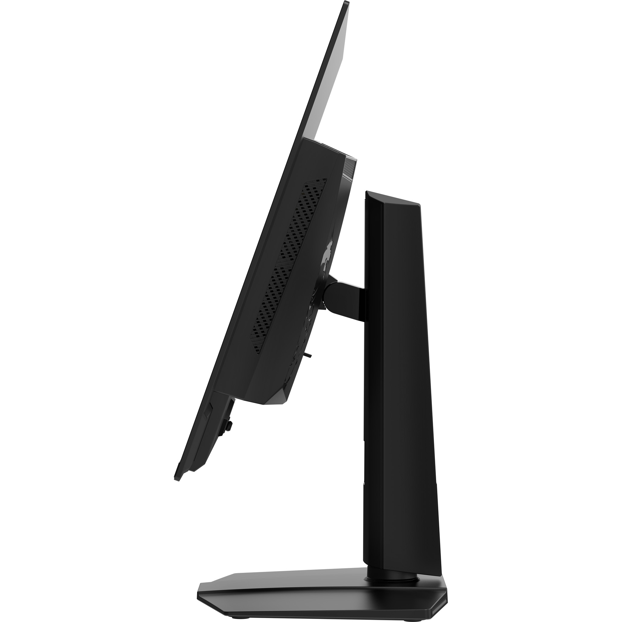 Czarny monitor komputerowy na stojaku, ustawiony pod kątem. Ekran jest czarny, na białym tle.