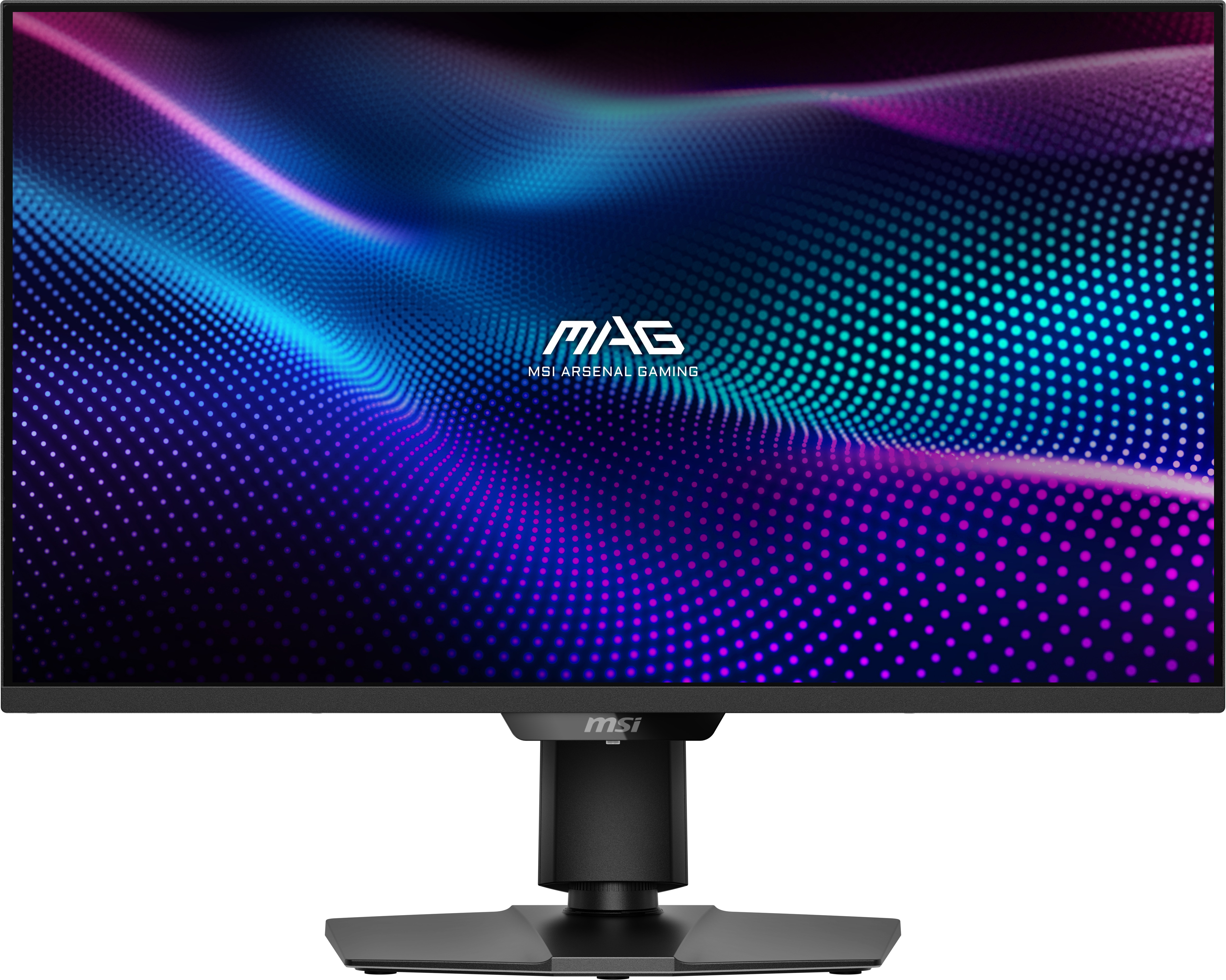 Monitor do gier MSI z czarną ramką i podstawą. Ekran wyświetla niebieski i różowy wzór kropek z logo.