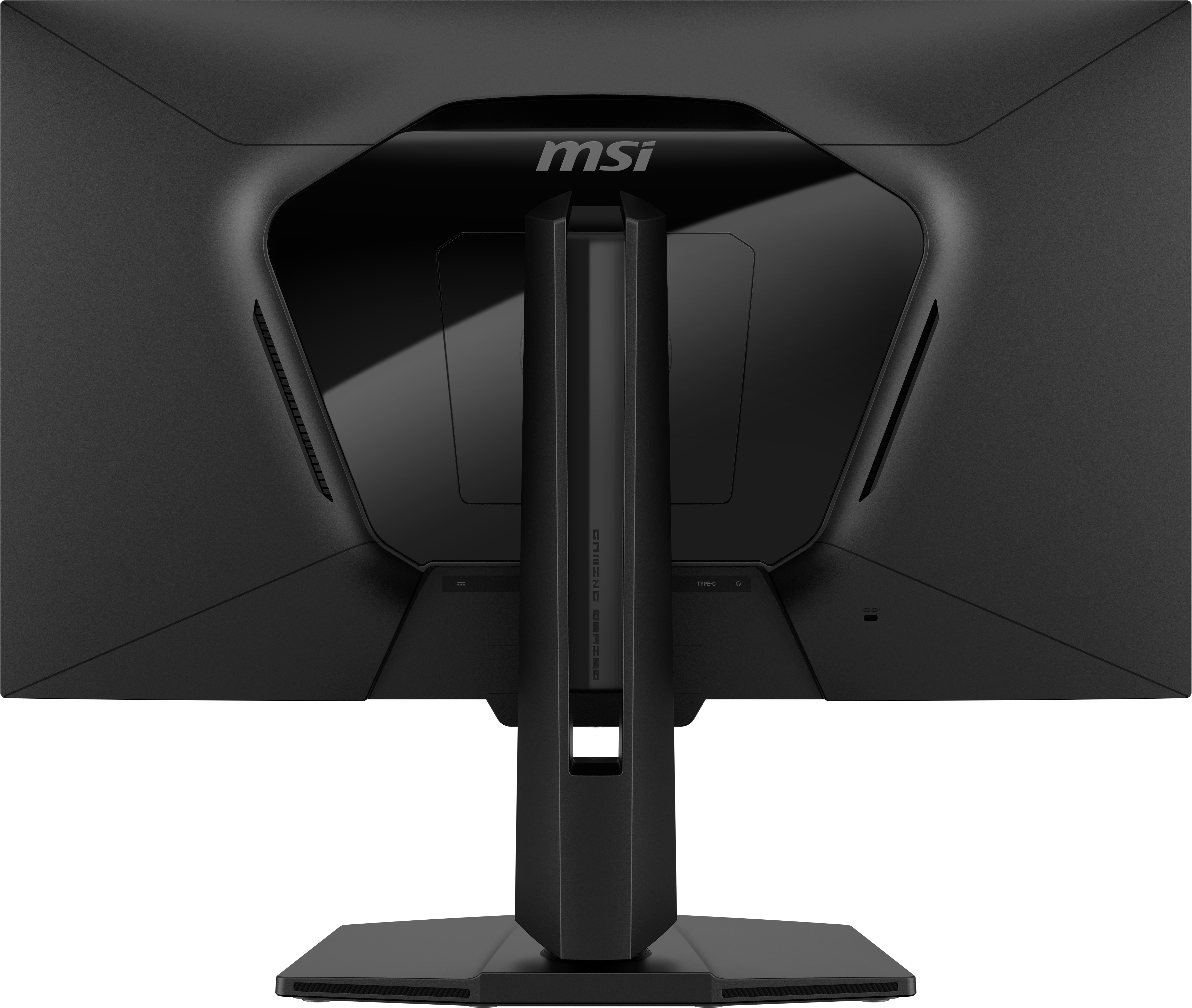Widok z tyłu czarnego monitora gamingowego MSI. Logo MSI znajduje się na górze. Widoczna jest podstawa i porty.