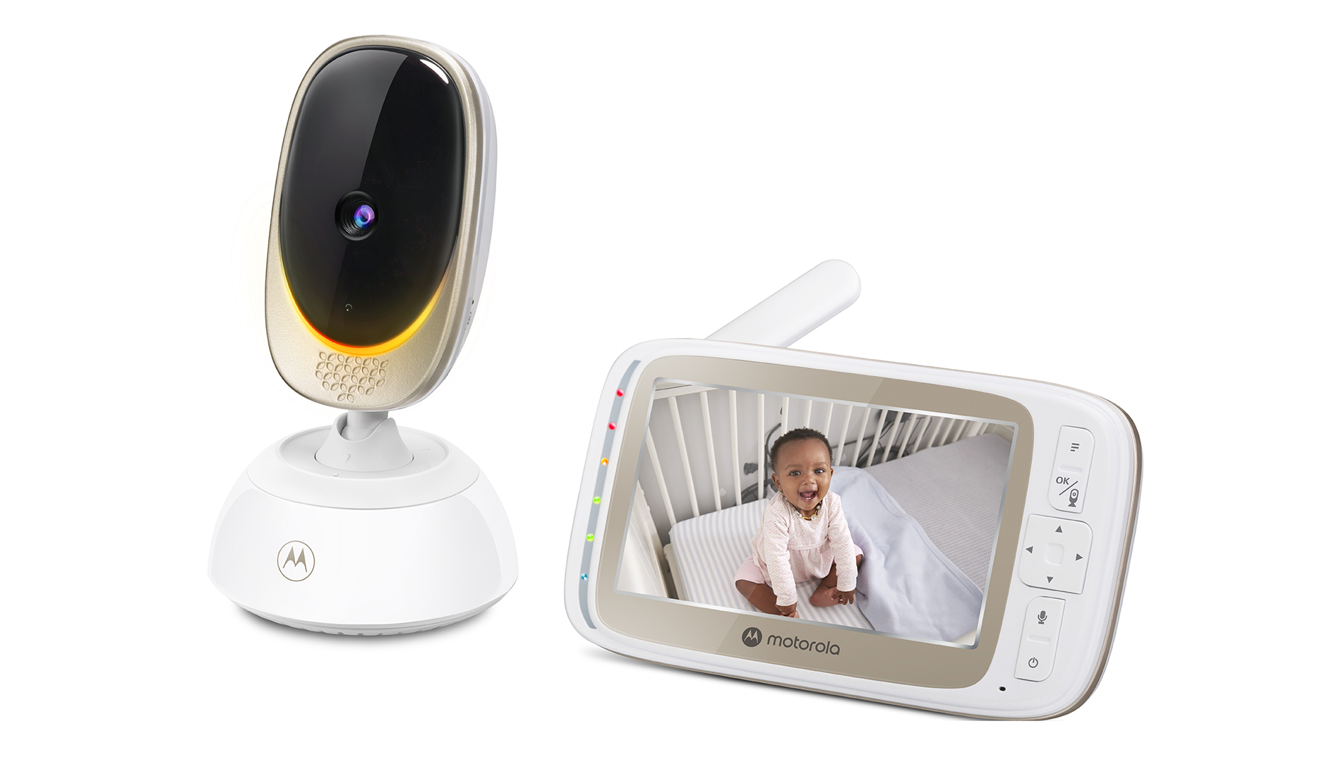 Ein Babyphone-Set. Eine Einheit zeigt ein Baby in einem Kinderbett, die andere ist eine Kamera. Motorola-Logo sichtbar.