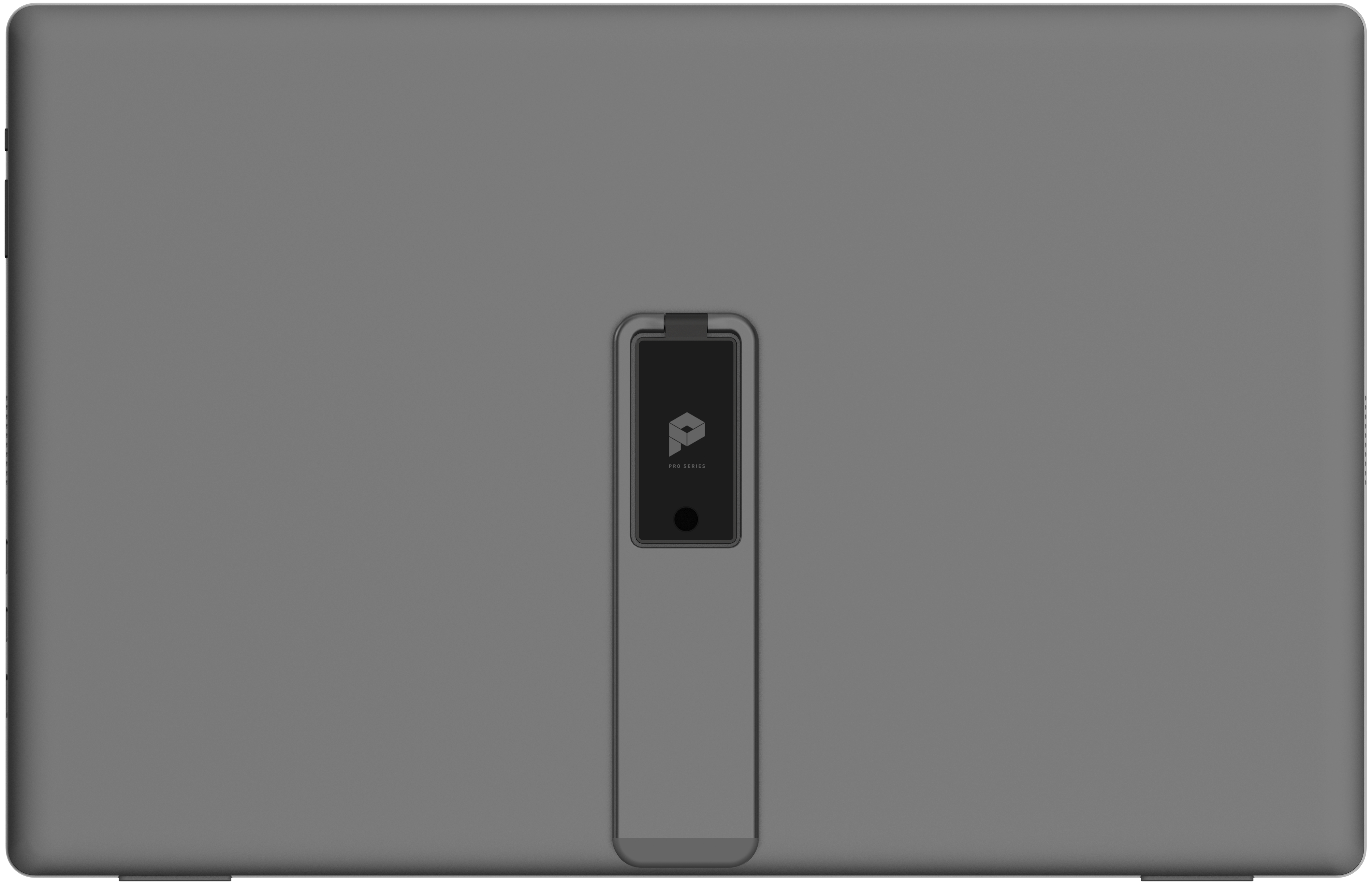 Szary tył urządzenia. Posiada podstawkę i czarny prostokątny fragment z logo.