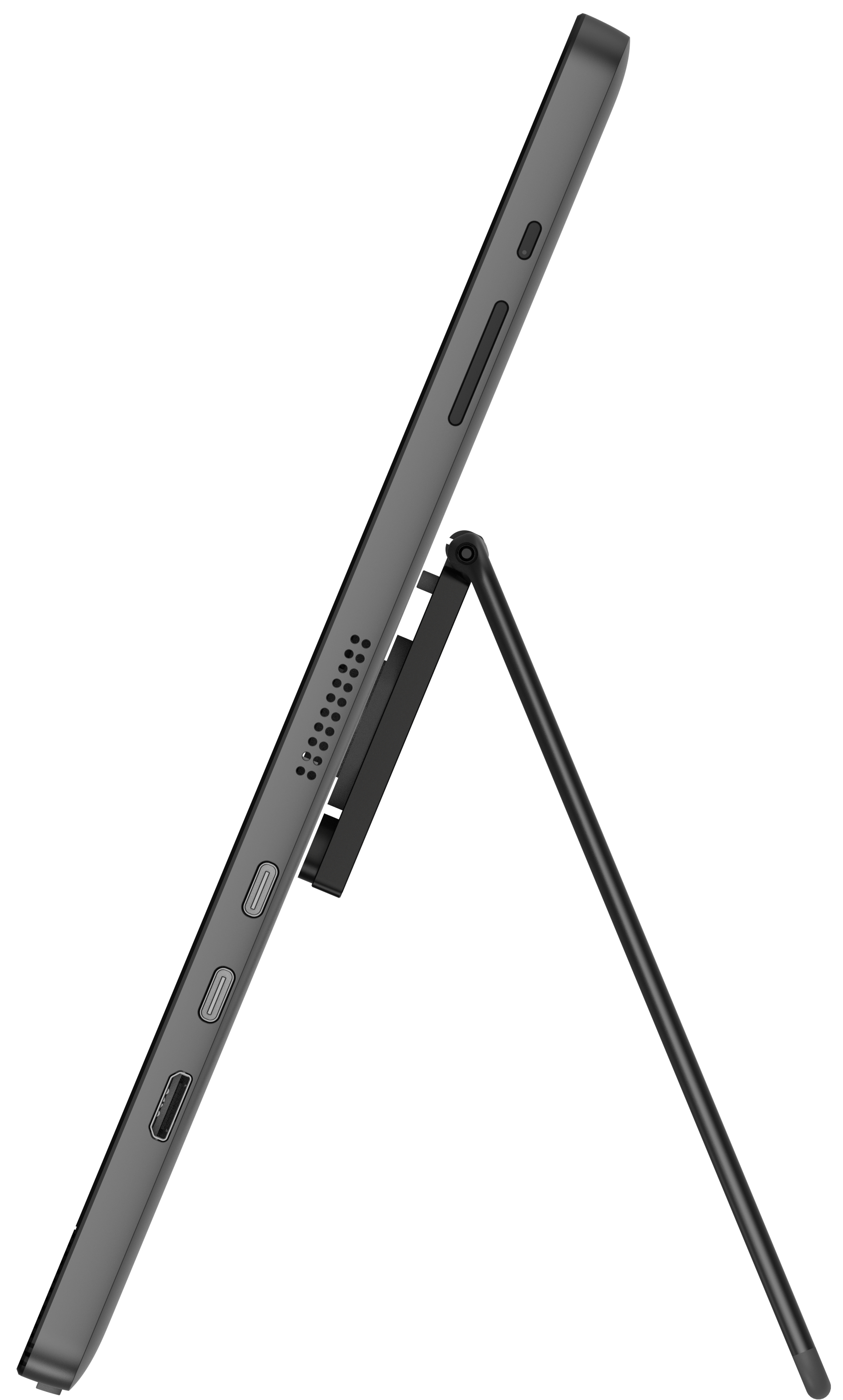 Ciemnoszary tablet jest podparty czarną podstawką. Tablet jest pochylony, pokazując porty i przyciski z boku.