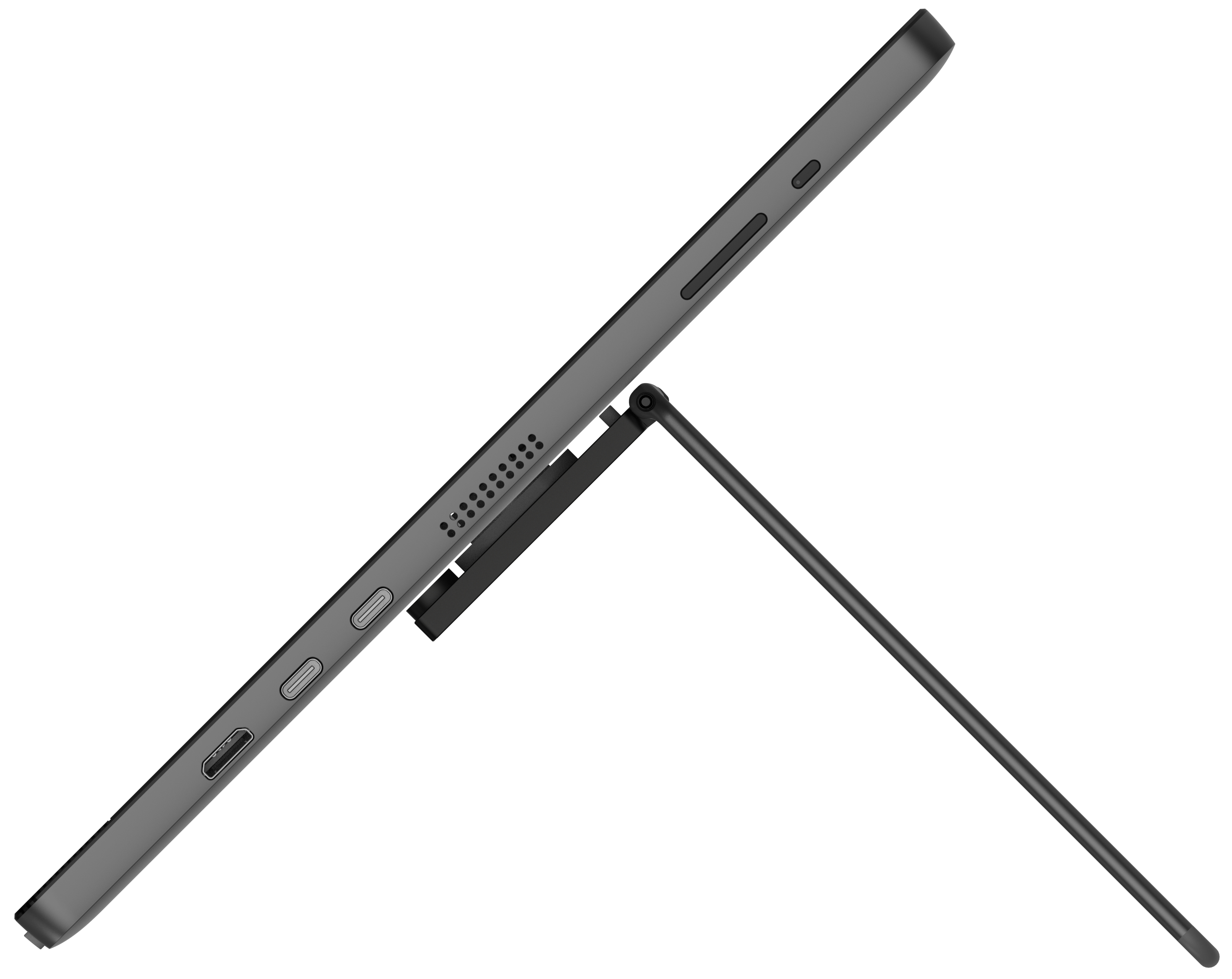 Szary tablet podparty czarnym stojakiem. Tablet ma przyciski i port ładowania.