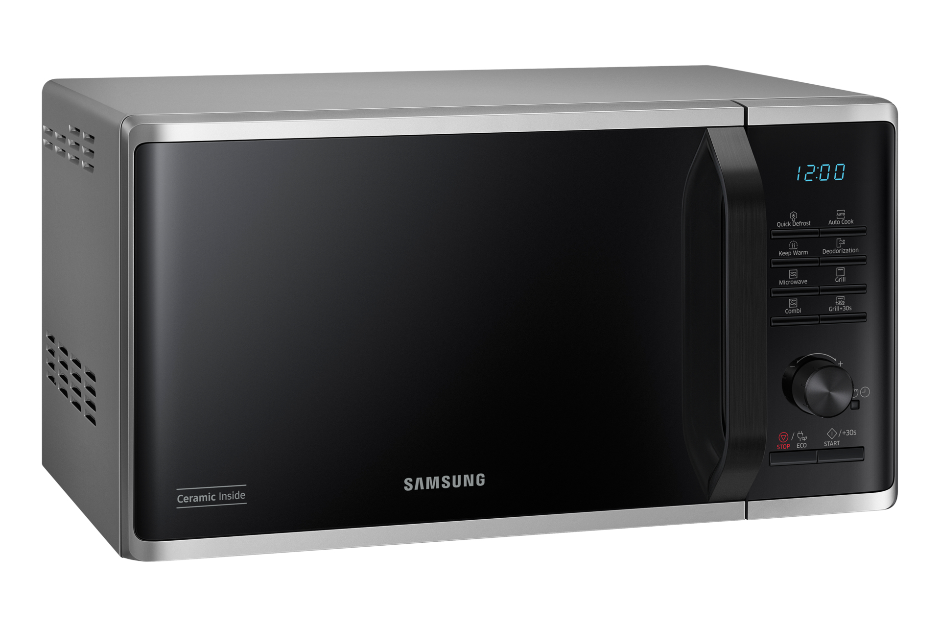 Kuchenka mikrofalowa Samsung z czarnymi drzwiami i srebrnym wykończeniem. Posiada zegar cyfrowy i panel sterowania.