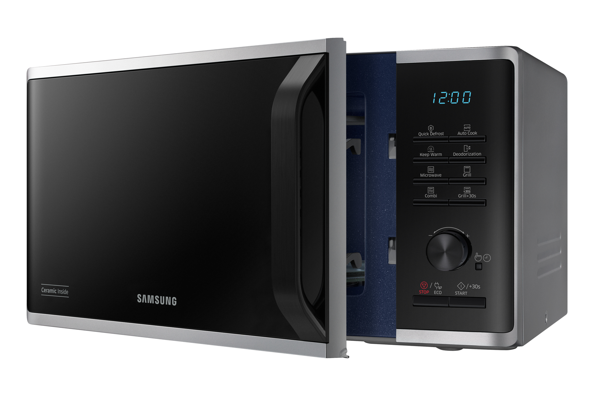 Kuchenka mikrofalowa Samsung z otwartymi drzwiami. Ma czarne drzwi, niebieskie wnętrze i cyfrowy wyświetlacz pokazujący 12:00.