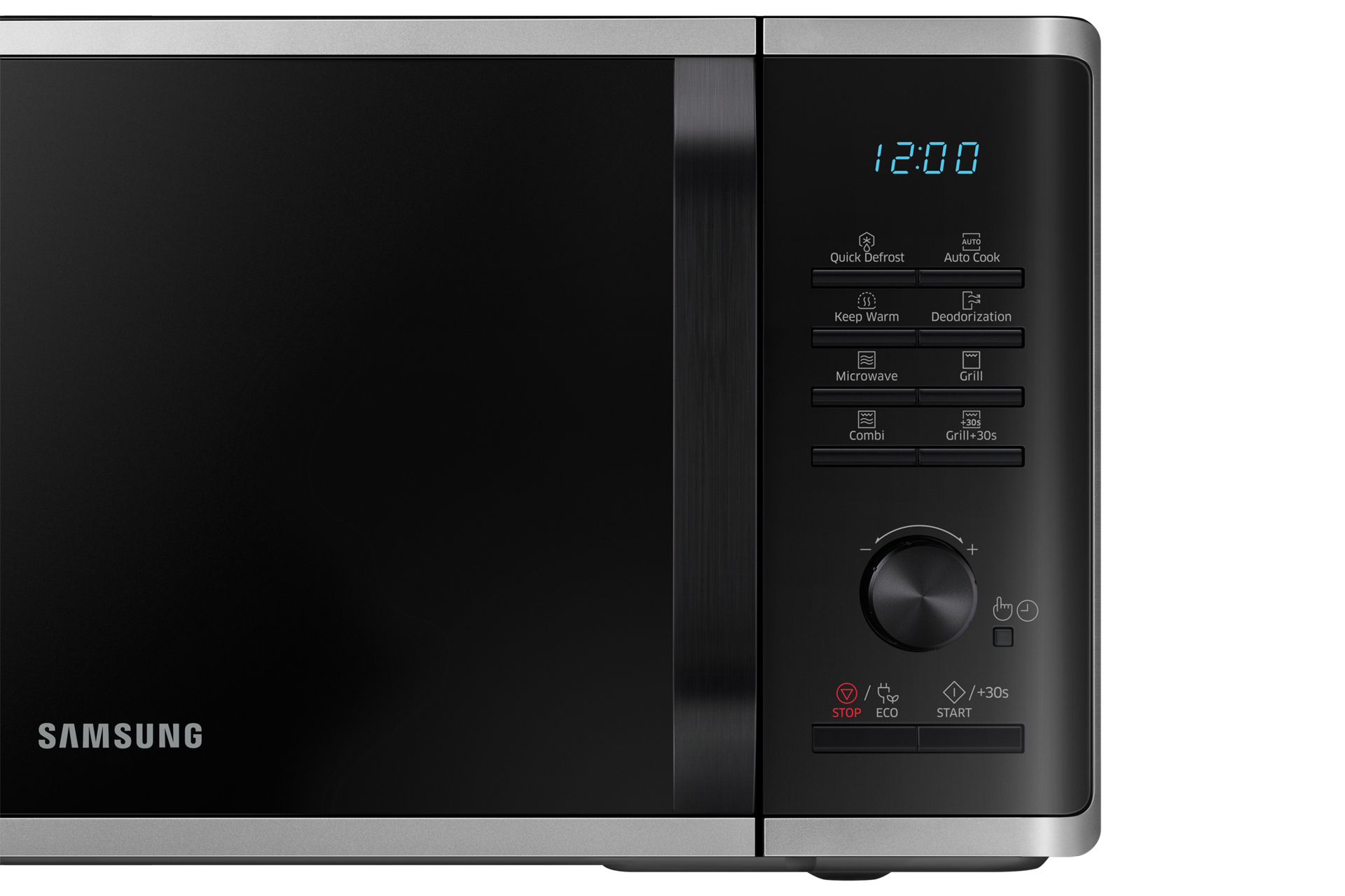 Kuchenka mikrofalowa Samsung z wyświetlaczem 12:00. Przyciski do rozmrażania, grillowania i funkcji combo.